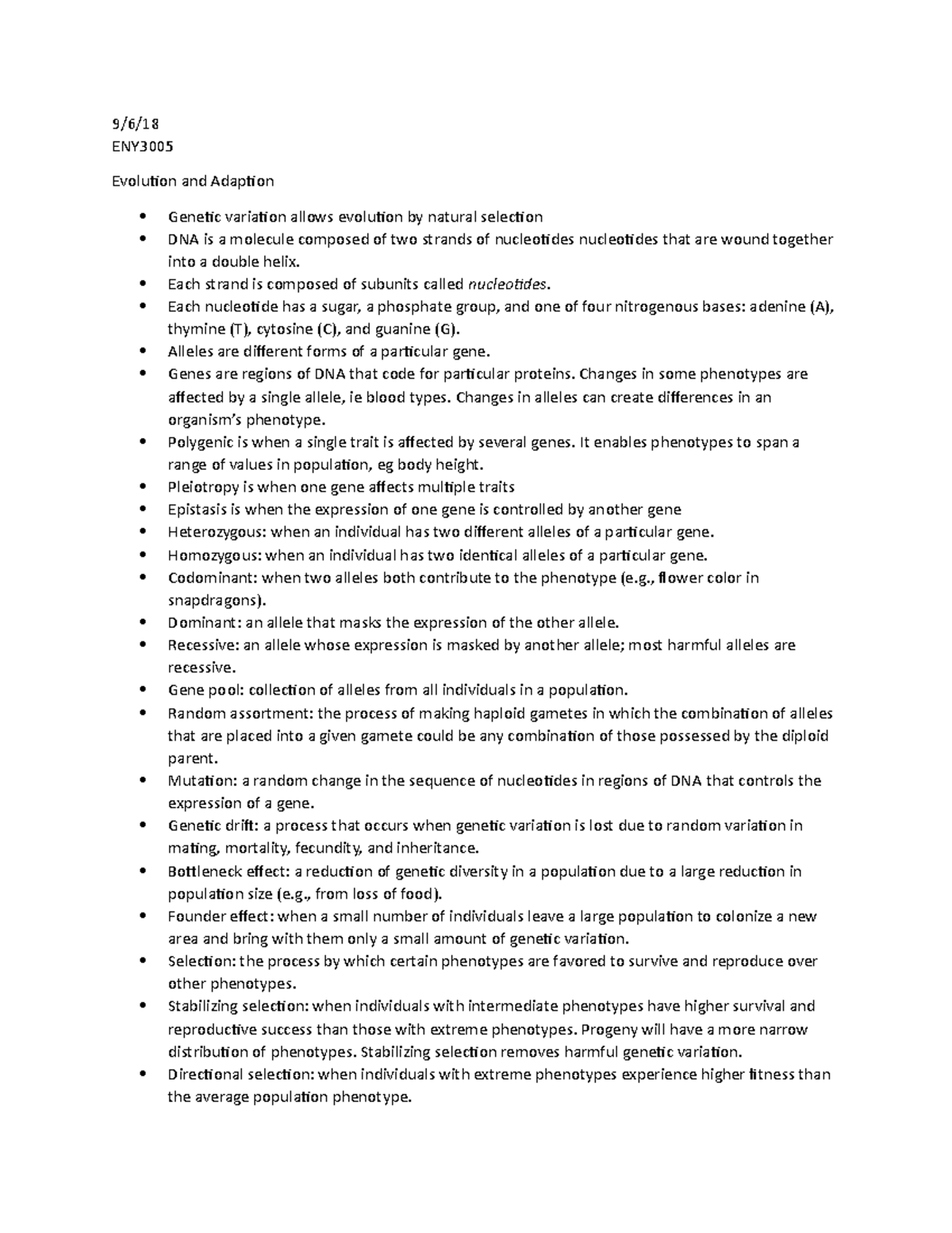 9 6 18 evolution - Lecture notes 4 - 9/6/18 ENY3005 Evolution and ...