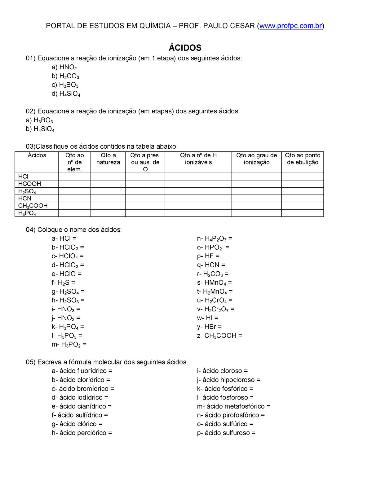 Lista De Exercícios De ácidos Inorgânicos Ácidos Equacione A Reação De Ionização Em 1 Etapa 5757