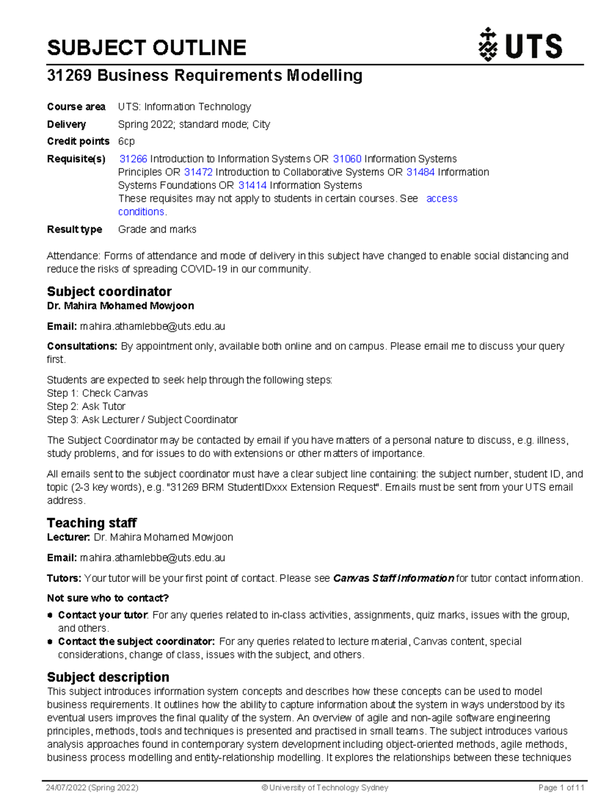 Business Requirements Modelling Subject Outline - SUBJECT OUTLINE 31269 ...