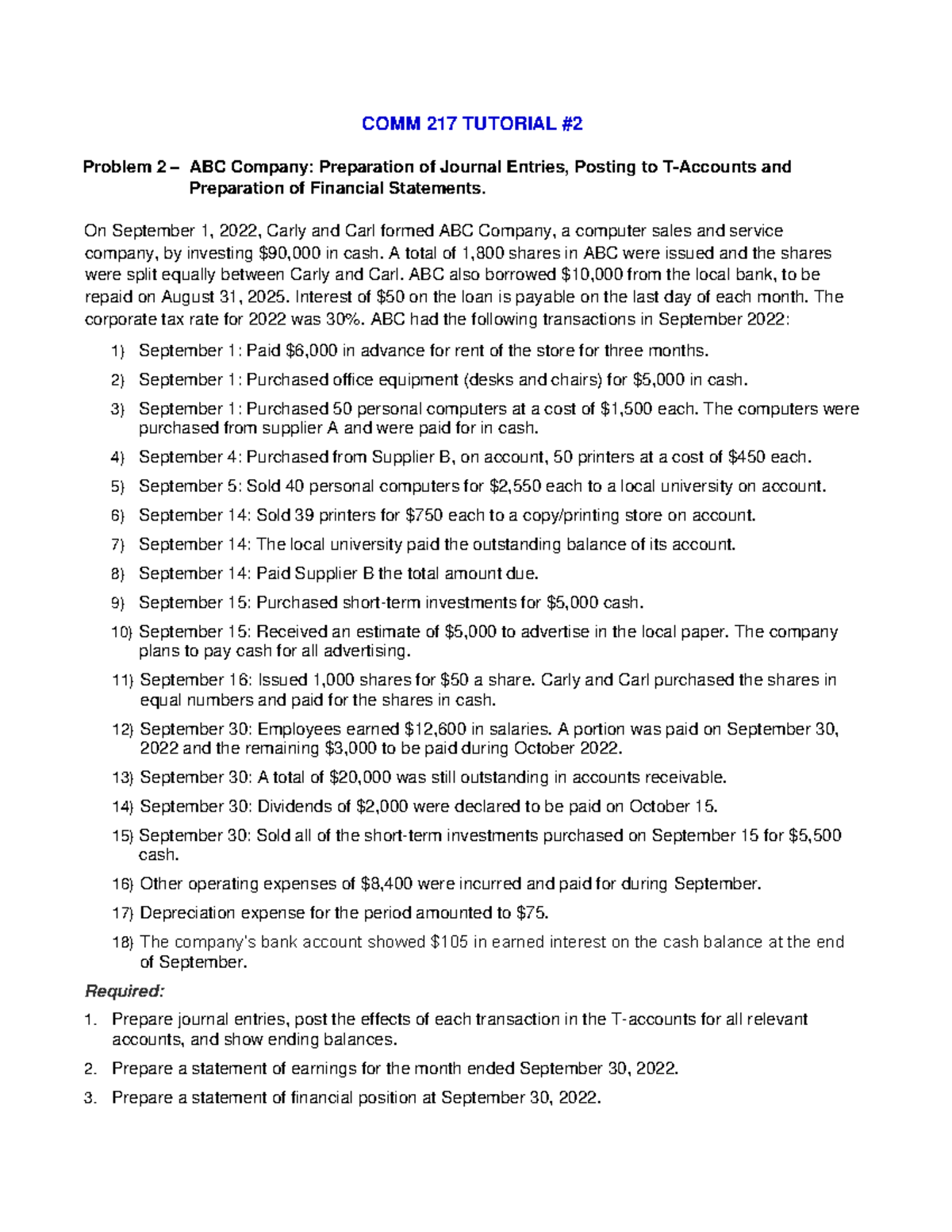 COMM 217 - Tutorial 2, Fall 2022 - COMM 217 TUTORIAL Problem 2 – ABC ...