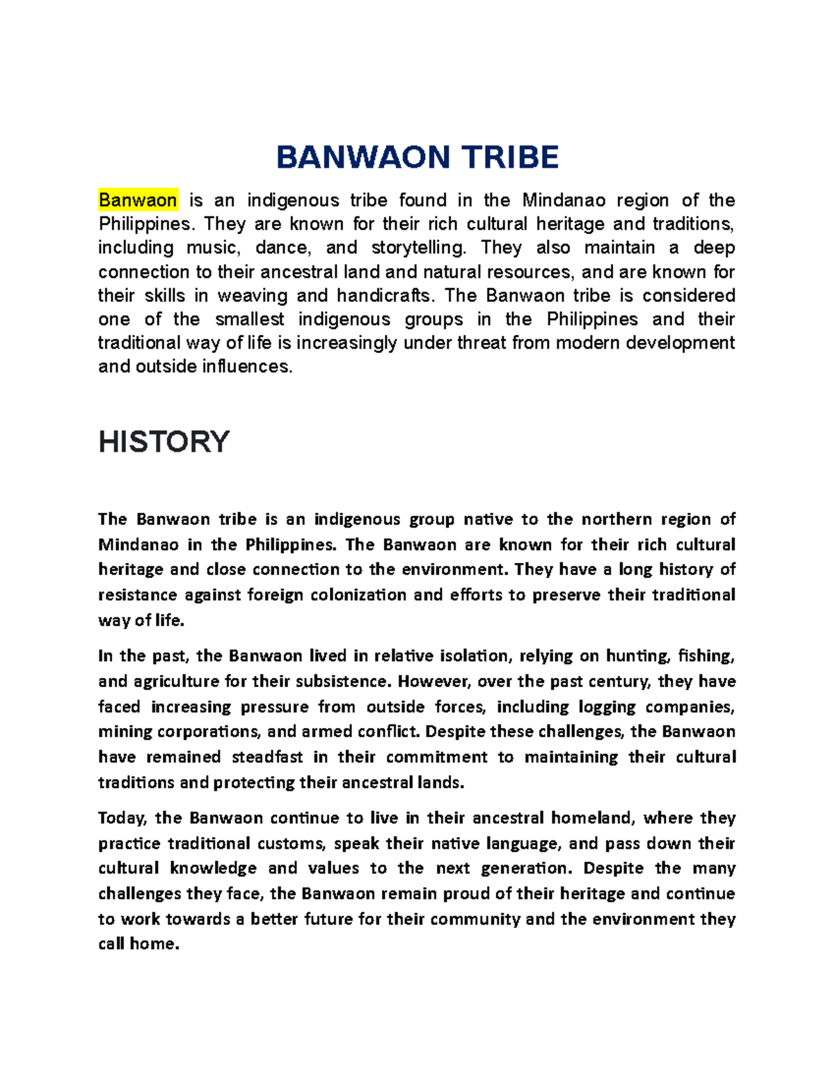 Banwaon Tribe - assignments - BANWAON TRIBE Banwaon is an indigenous ...