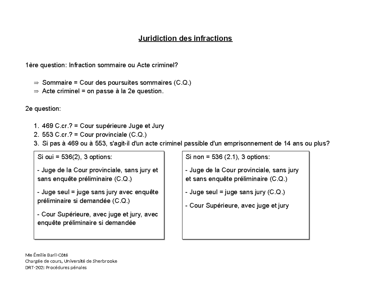 Juridiction des infractions - Juridiction des infractions 1ère question ...