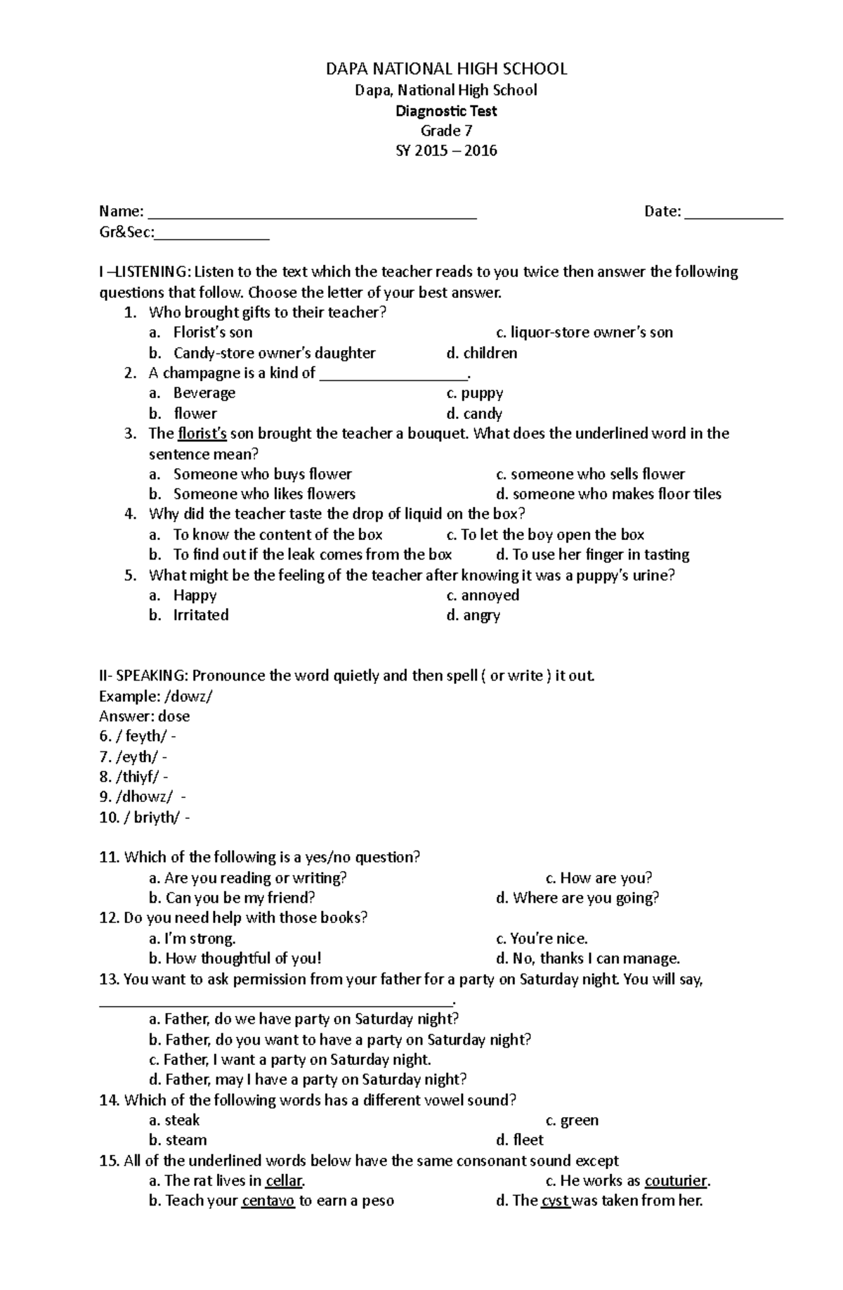 English-diagnostic-test - DAPA NATIONAL HIGH SCHOOL Dapa, National High ...