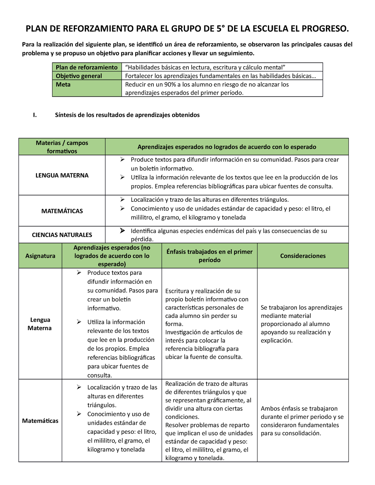 PLAN DE Reforzamiento 5º - PLAN DE REFORZAMIENTO PARA EL GRUPO DE 5° DE ...