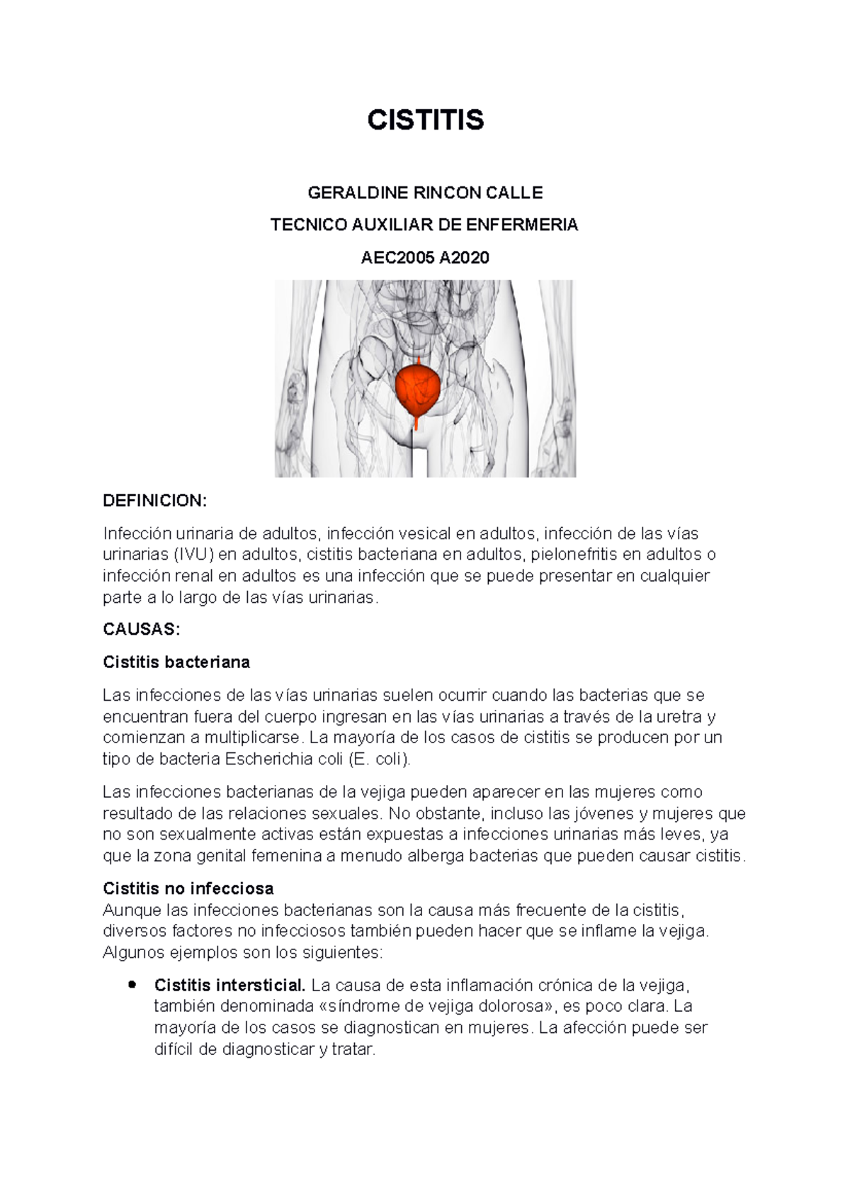 Resumen Cistitis Patologias CISTITIS GERALDINE RINCON CALLE TECNICO