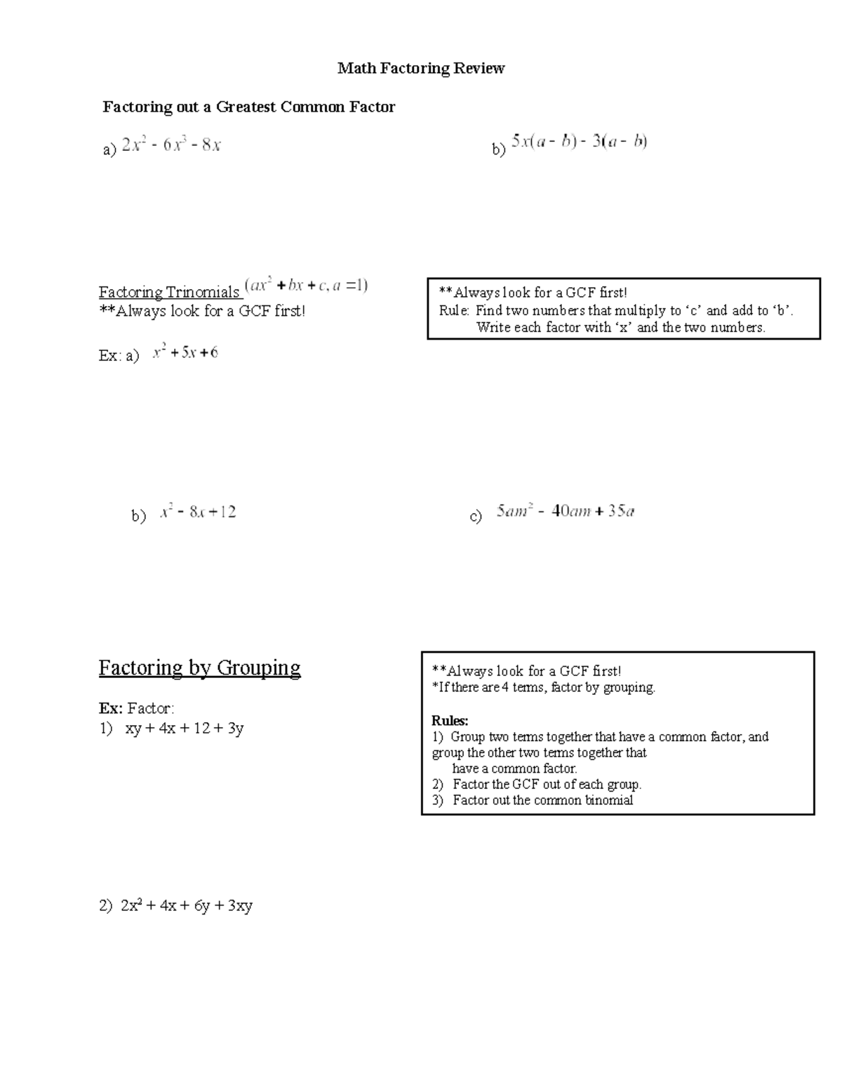 math 20 1 factoring review