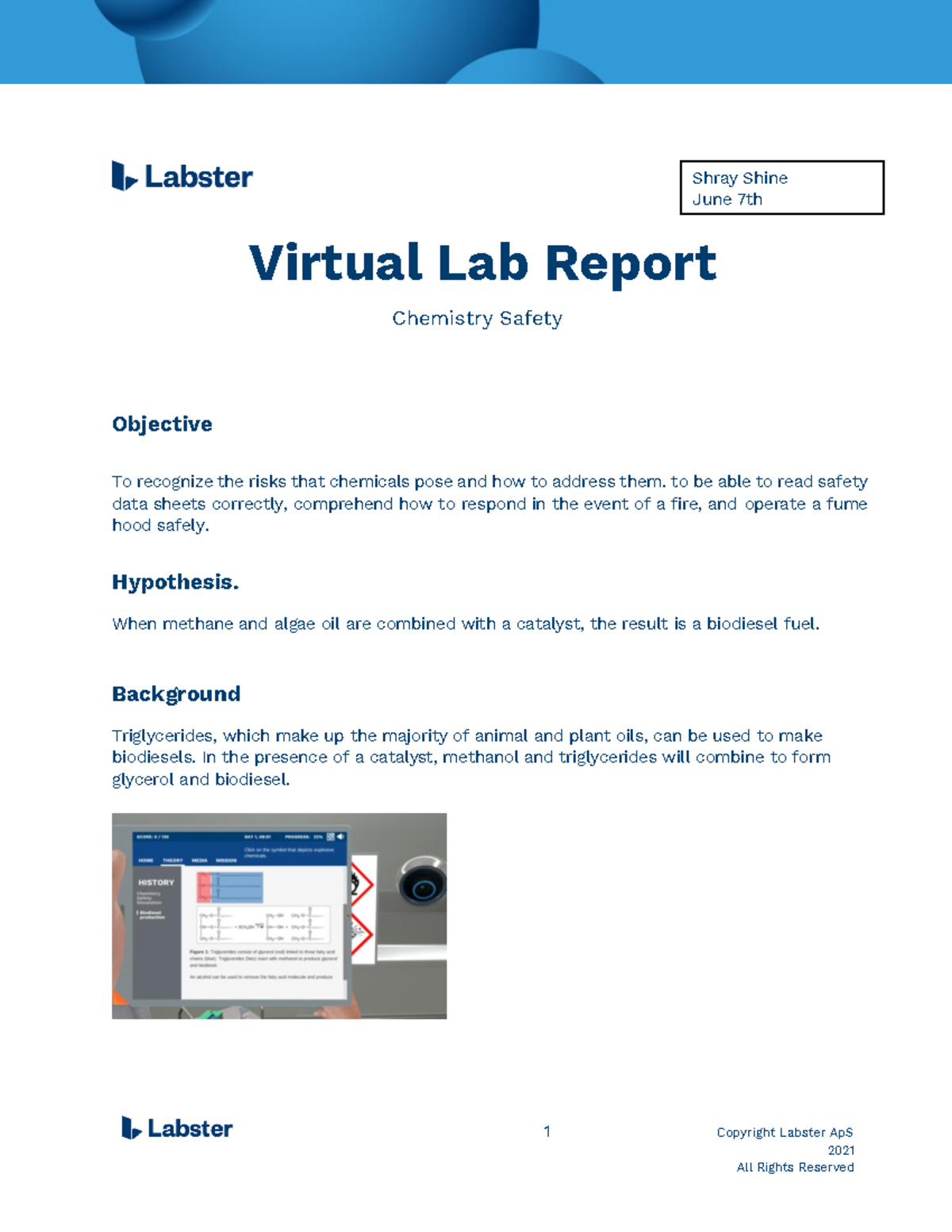 Chemistry Safety Lab Report 1 Copyright Labster ApS 2021 All Rights