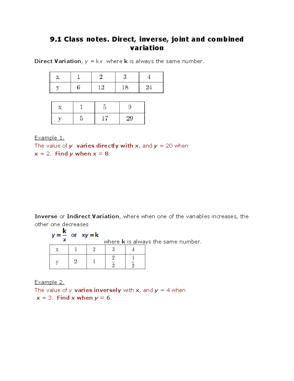 9-1-class-notes-direct-and-inverse-variation-9-class-notes-direct