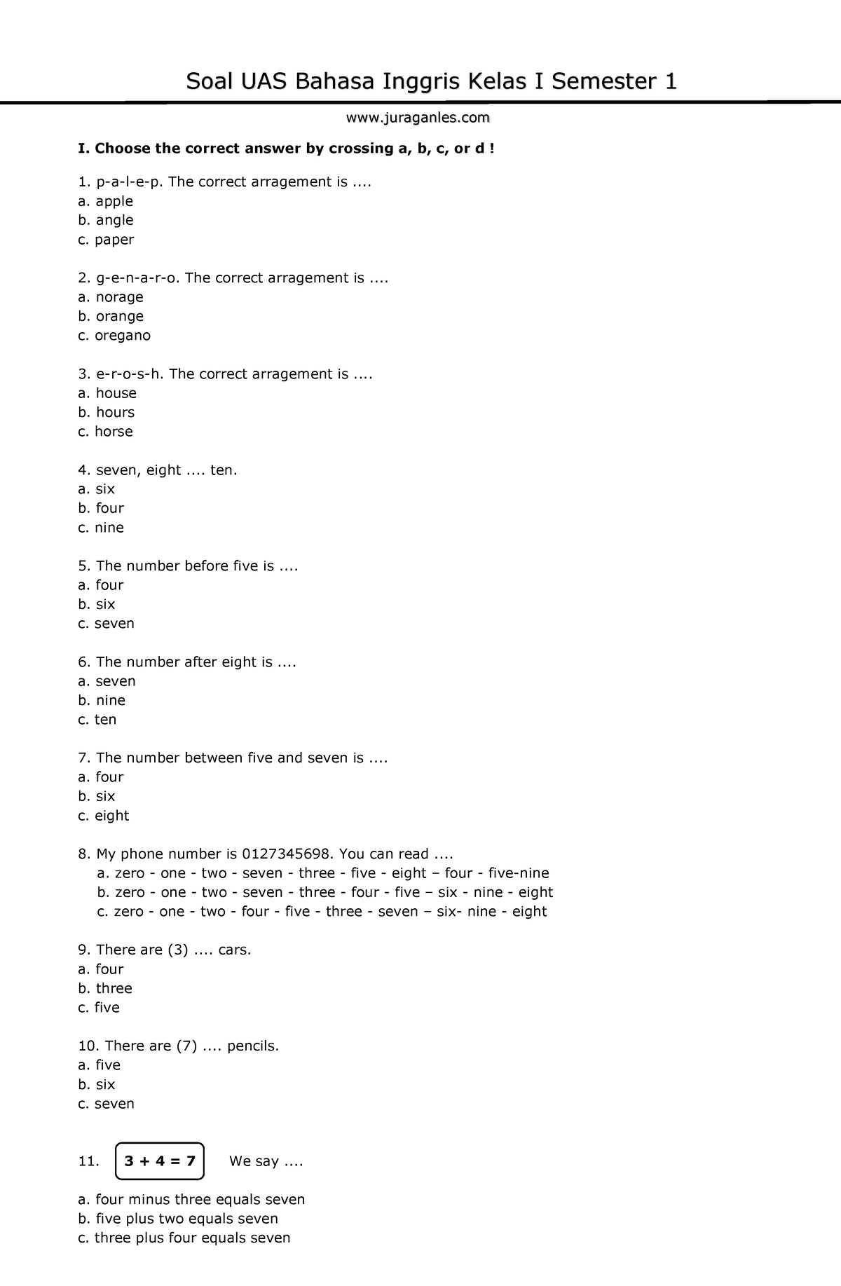 Soal UAS Bahasa Inggris Kelas 1 Semester 1 - I. Choose The Correct ...