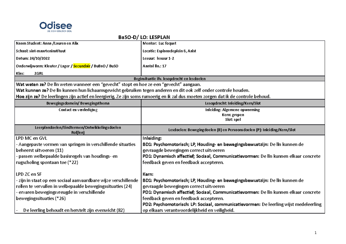 Lesplan judo 24ste - contact en verdediging - Naam Student: Anna ...