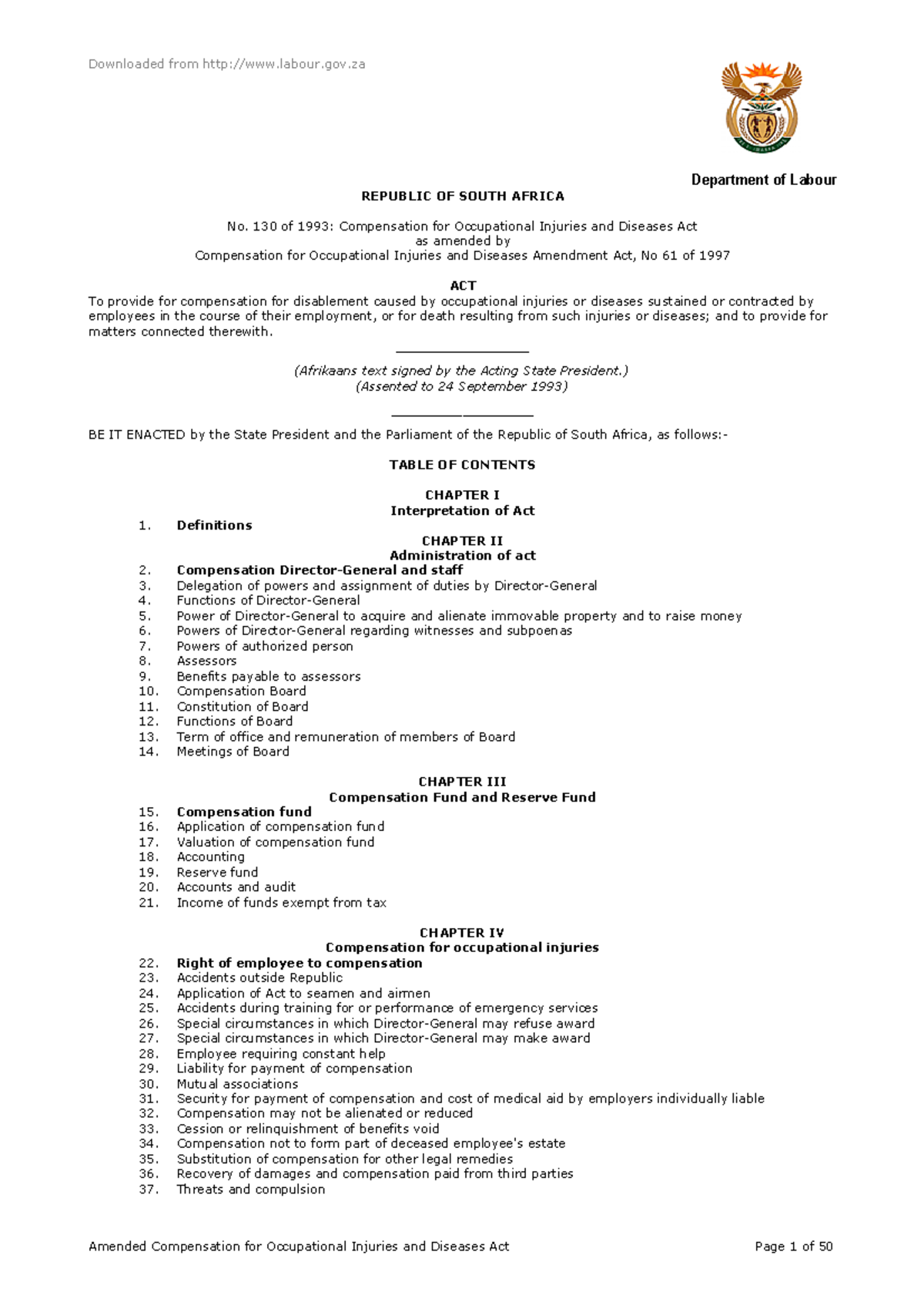 Summary (10) Compensation for Occupational Injuries and Diseases Act