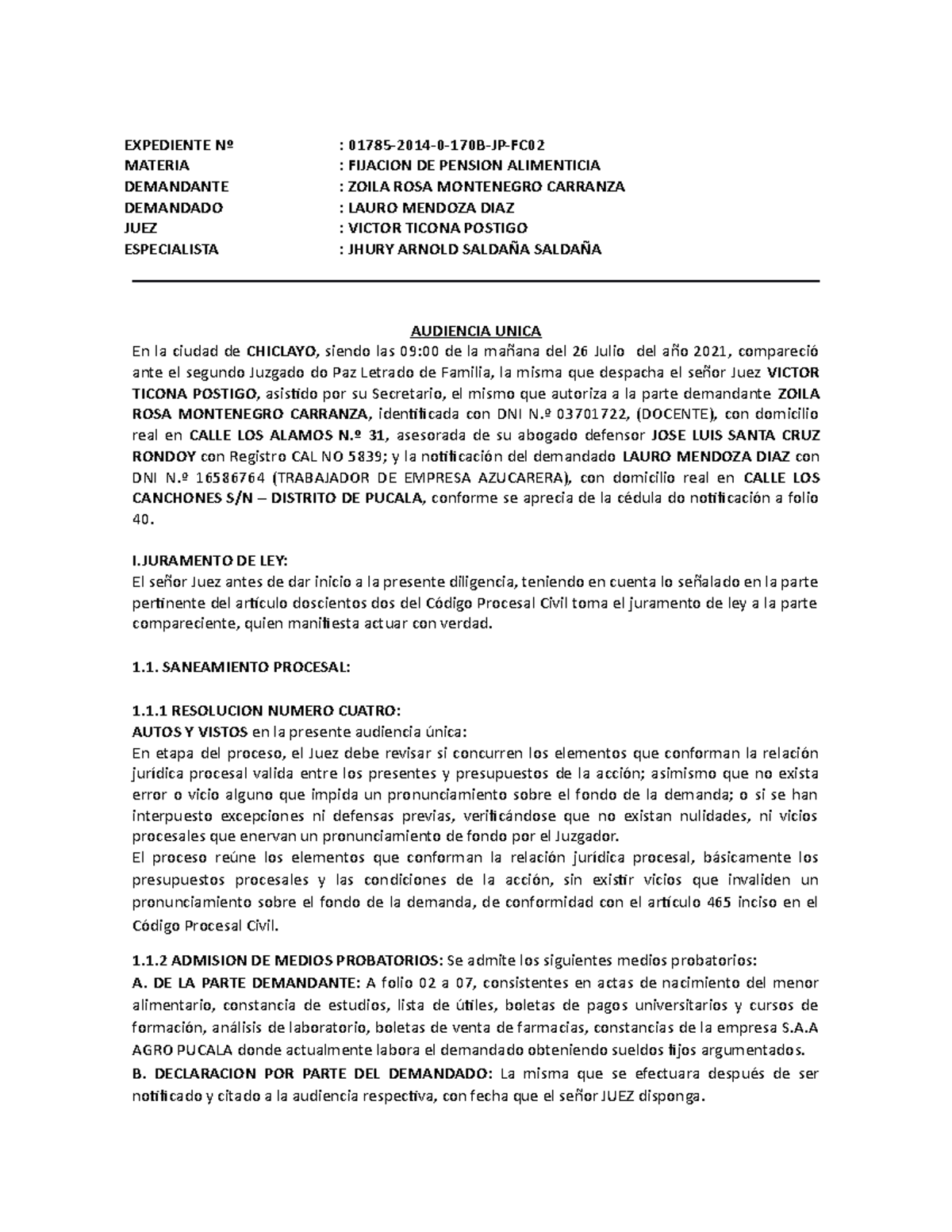 Formato DE Demanda DE Alimentos Zoila - EXPEDIENTE Nº : 01785-2014-0 ...