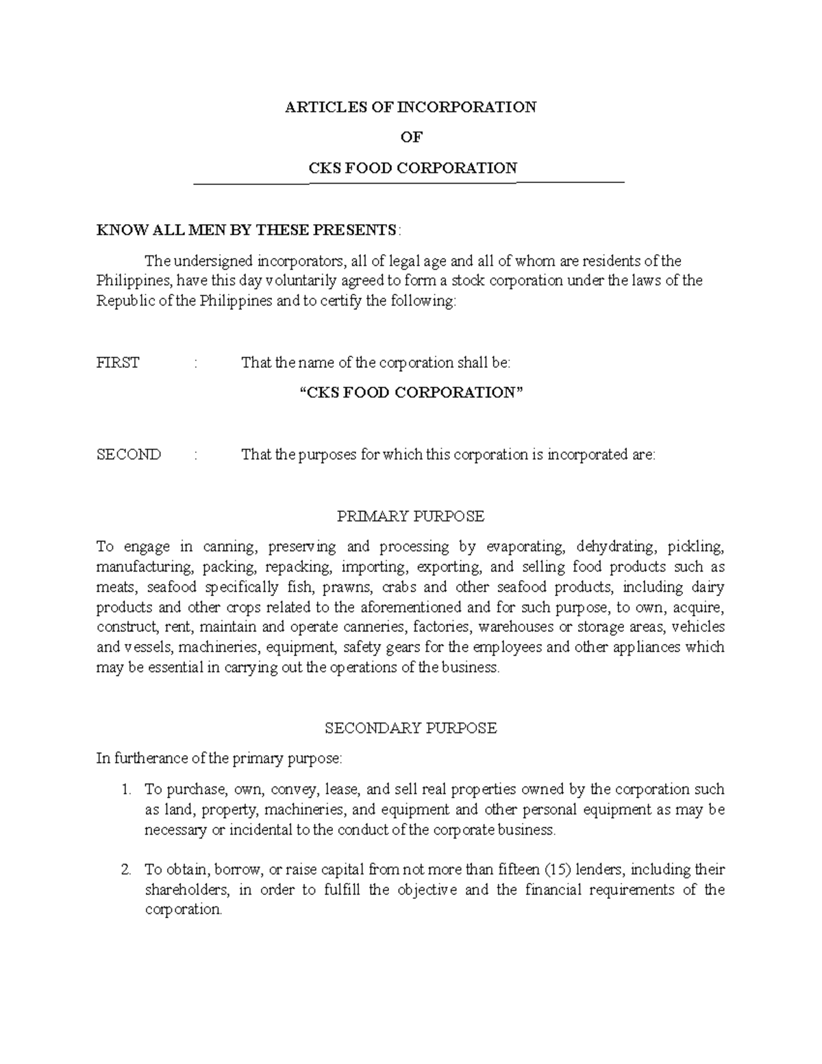 Articles OF Incorporation (Bus Reg) - ARTICLES OF INCORPORATION OF CKS ...