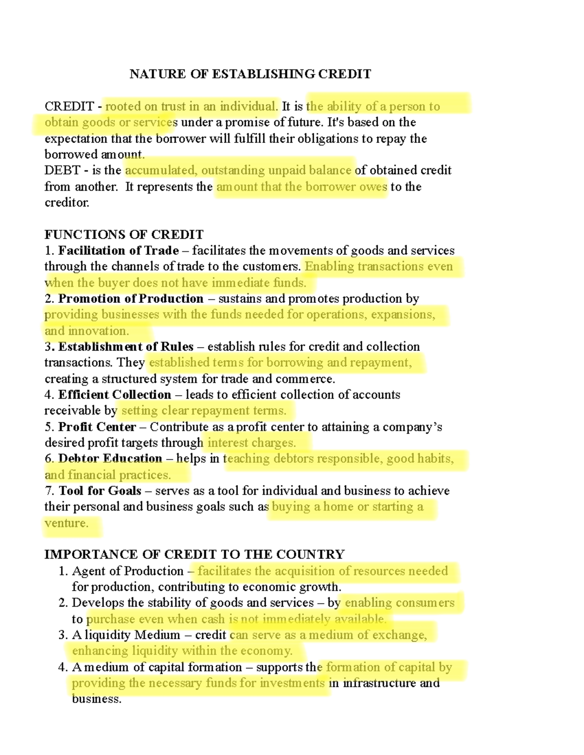 Credit AND Collection Notes - NATURE OF ESTABLISHING CREDIT CREDIT ...