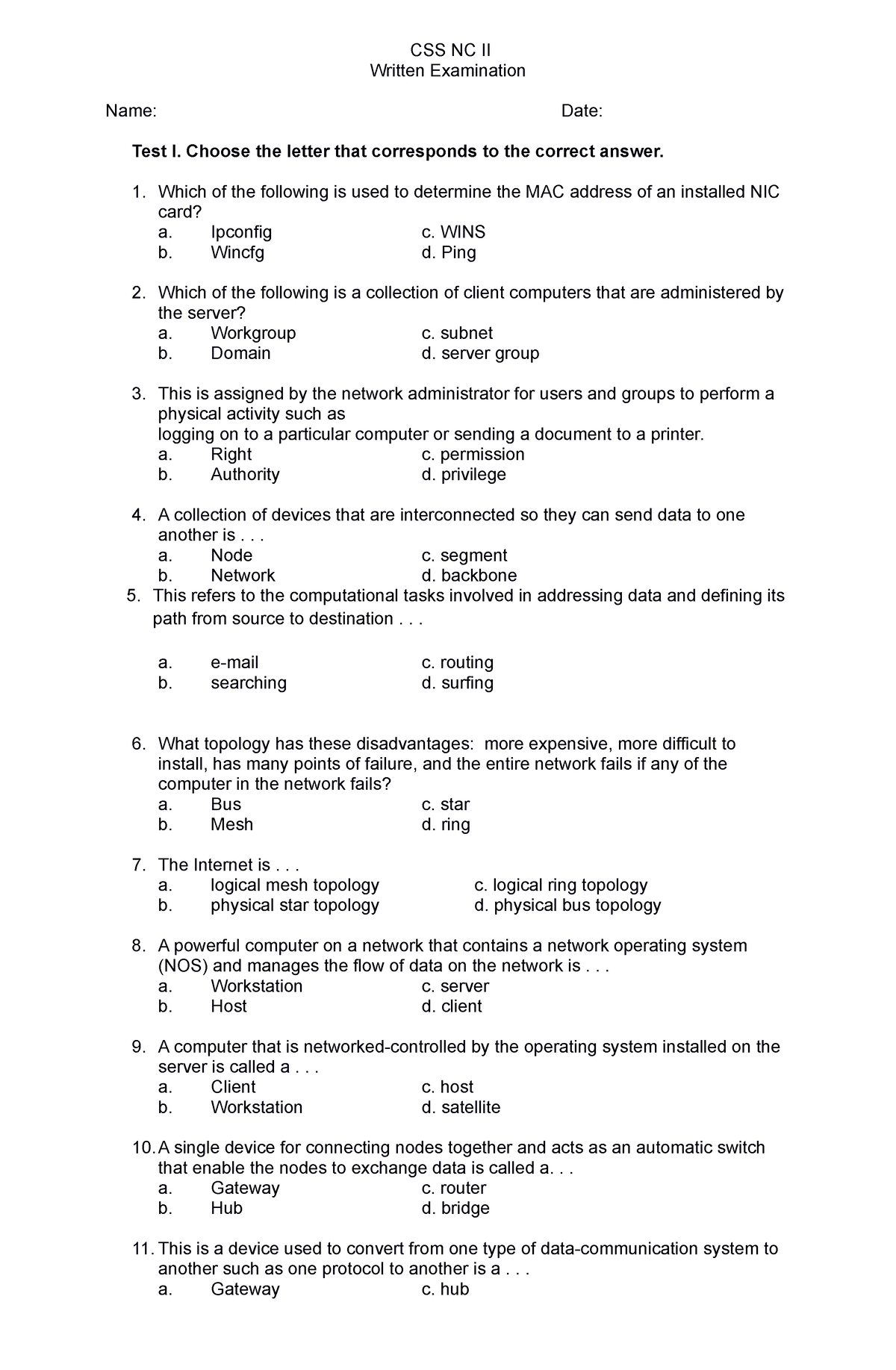 CSS NC II Exam February 2021 - CSS NC II Written Examination Name: Date ...