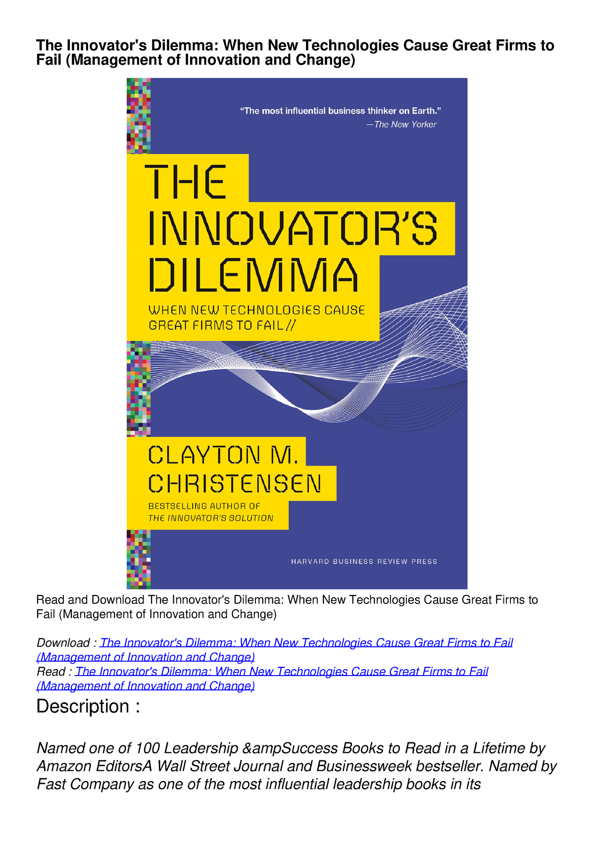 PDF/READ/DOWNLOAD The Innovator's Dilemma: When New Technologies Cause ...