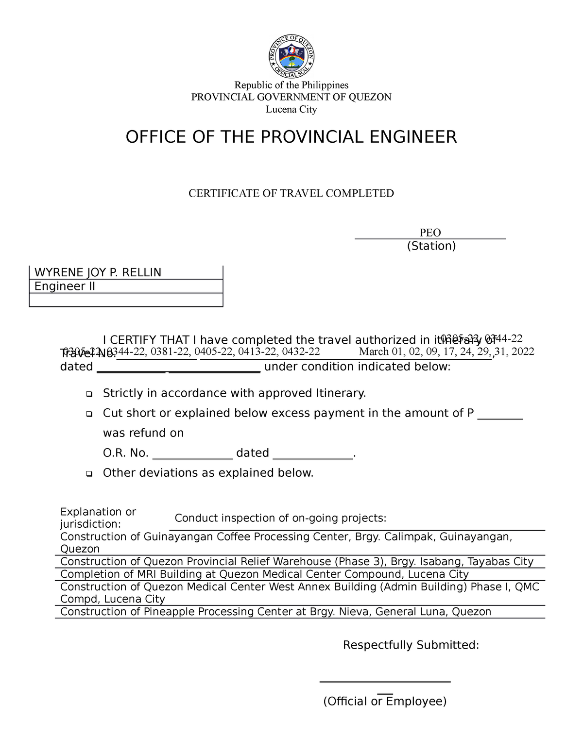 Cert. Of Travel Completed - Republic Of The Philippines PROVINCIAL ...