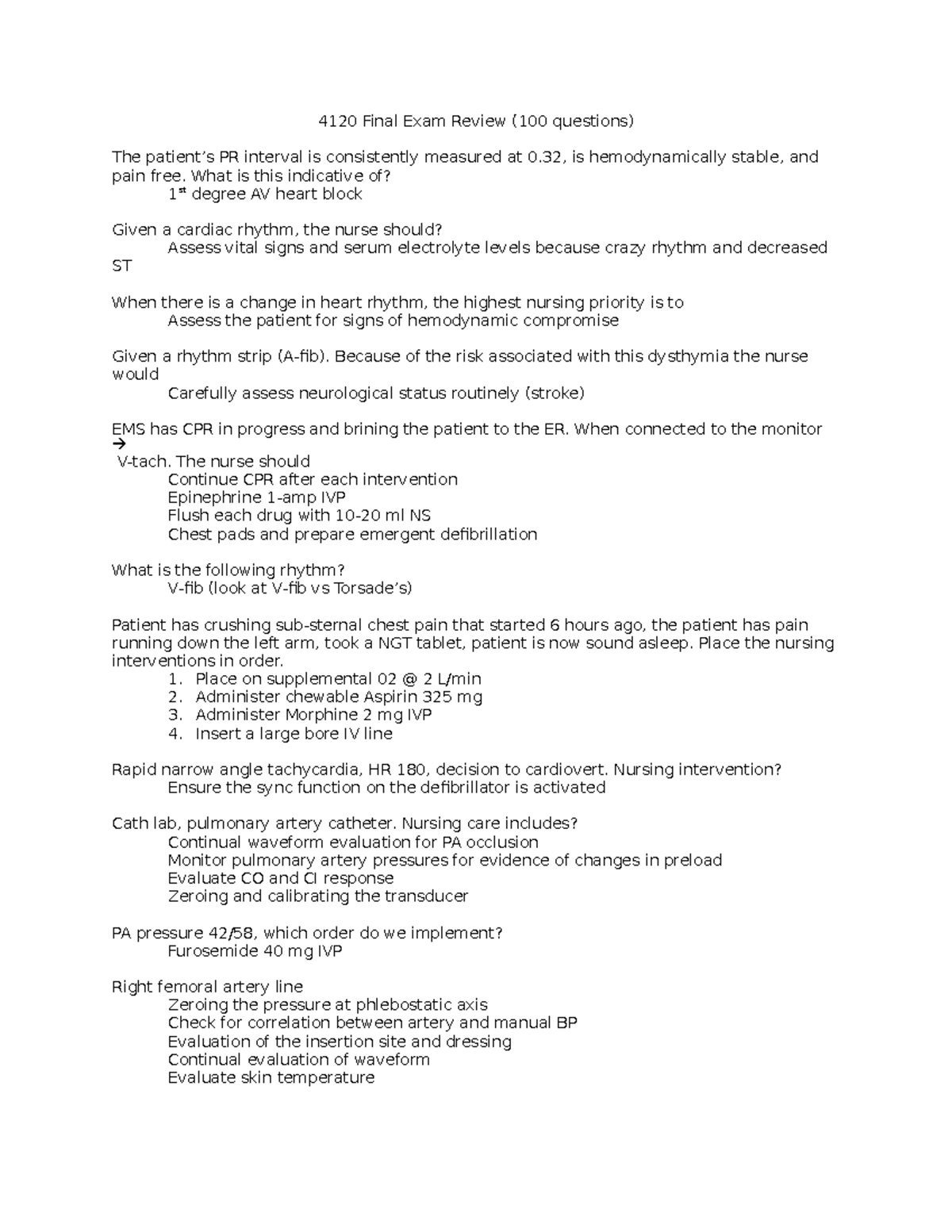 Critical care review - 4120 Final Exam Review (100 questions) The ...