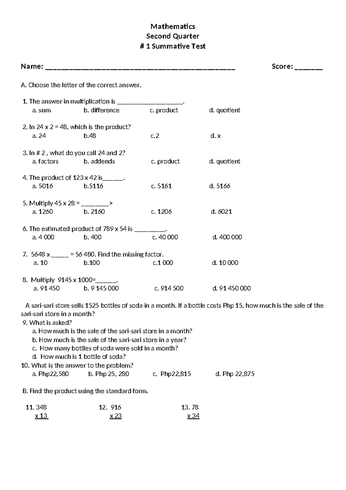 #1 summative Test Q2 Math - Mathematics Second Quarter # 1 Summative ...