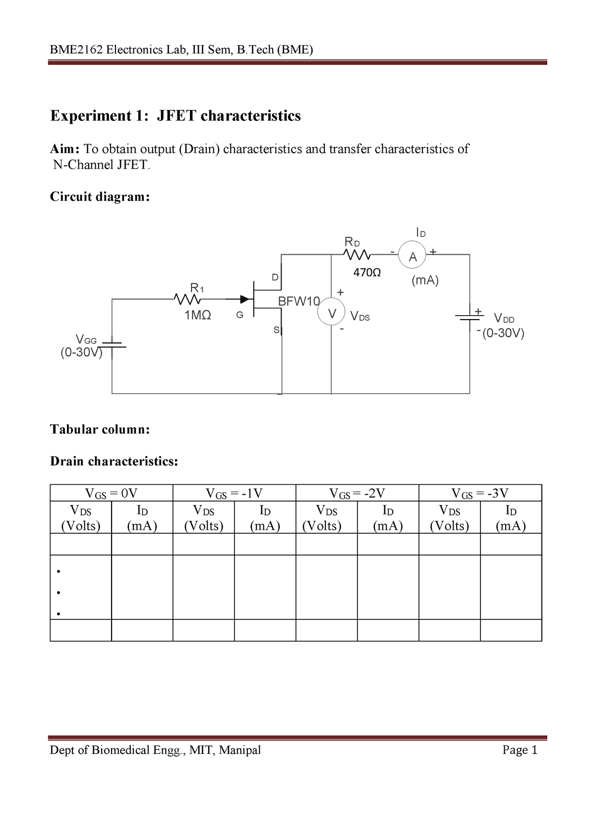 jfet characteristics experiment readings