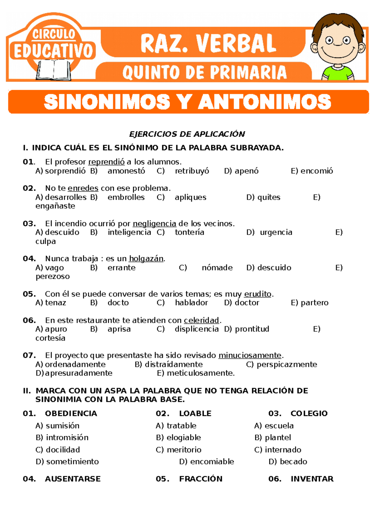 Ejercicios de Sinonimos y Antonimos para Quinto de Primaria ...