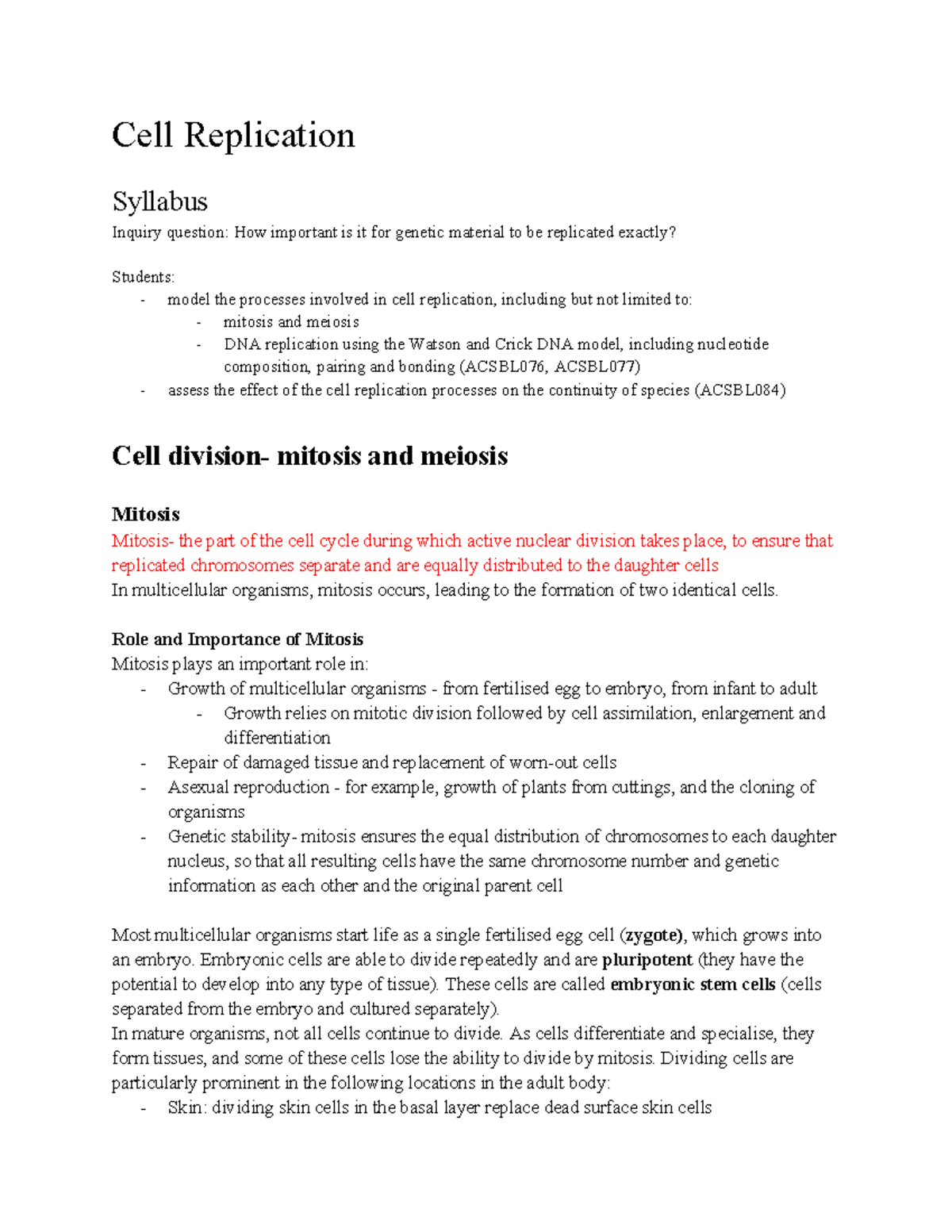 5.2 Cell Replication - Cell Replication Syllabus Inquiry question: How ...