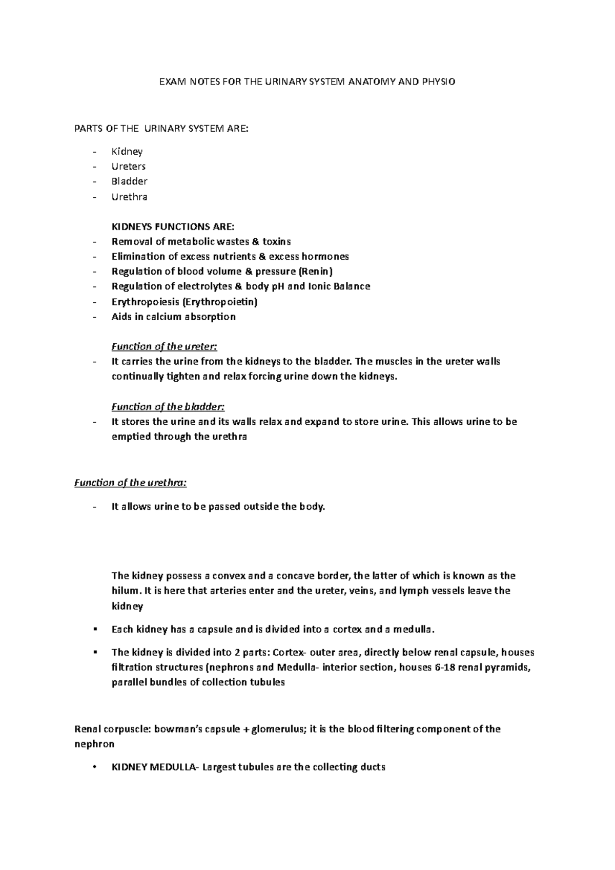 EXAM Notes FOR THE Urinary System Anatomy AND Physio - EXAM NOTES FOR ...
