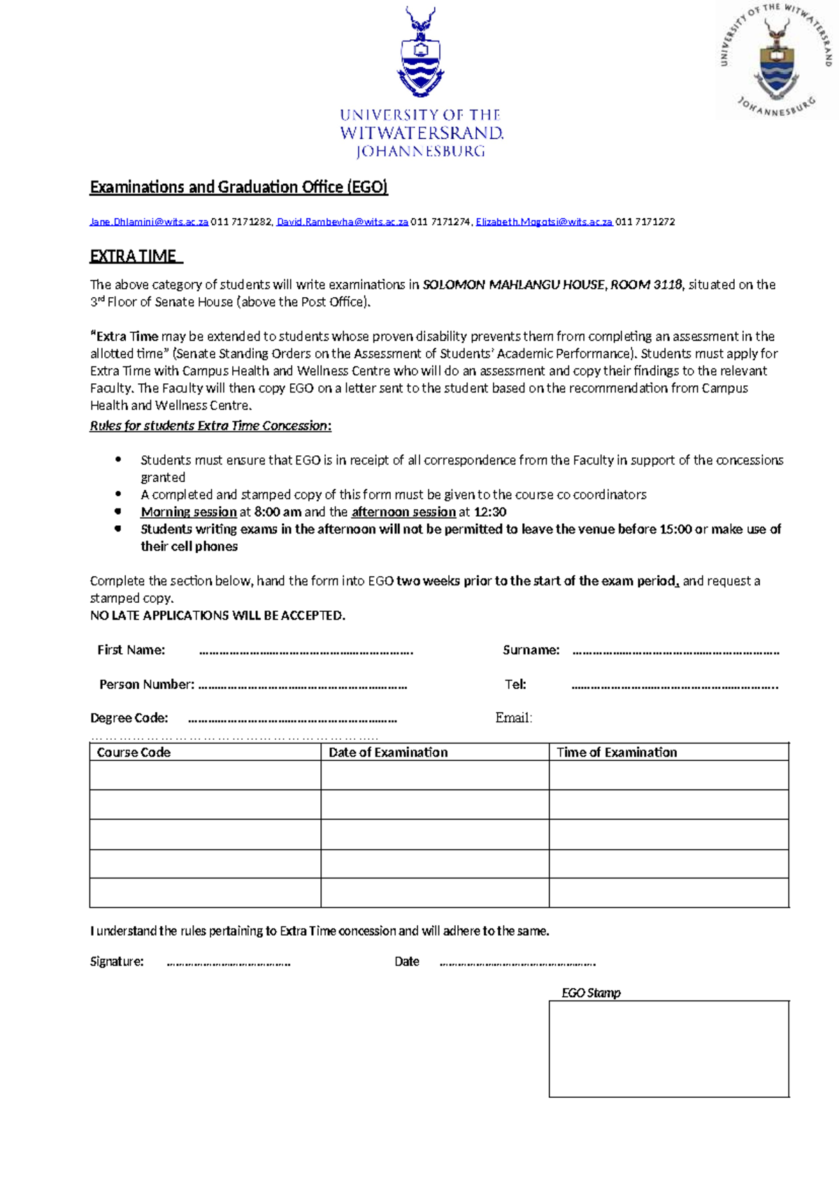 Extra Time Form - Examinations and Graduation Office (EGO) Jane@wits.ac ...