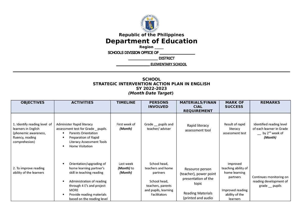 Intervention Plan - Republic of the Philippines Department of Education ...