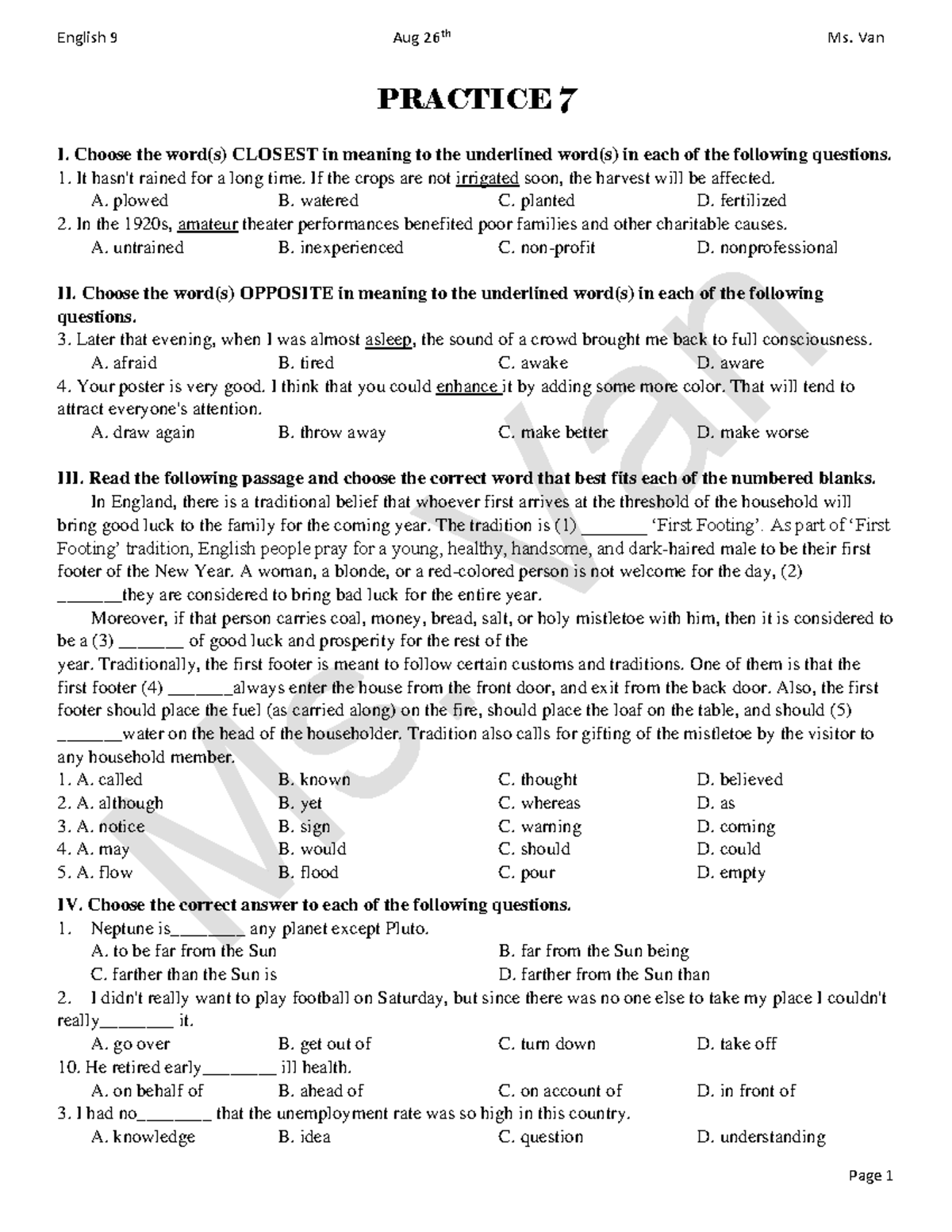 English part 1 Help for grammar PRACTICE 7 I. Choose the word(s) CLOSEST in meaning to the