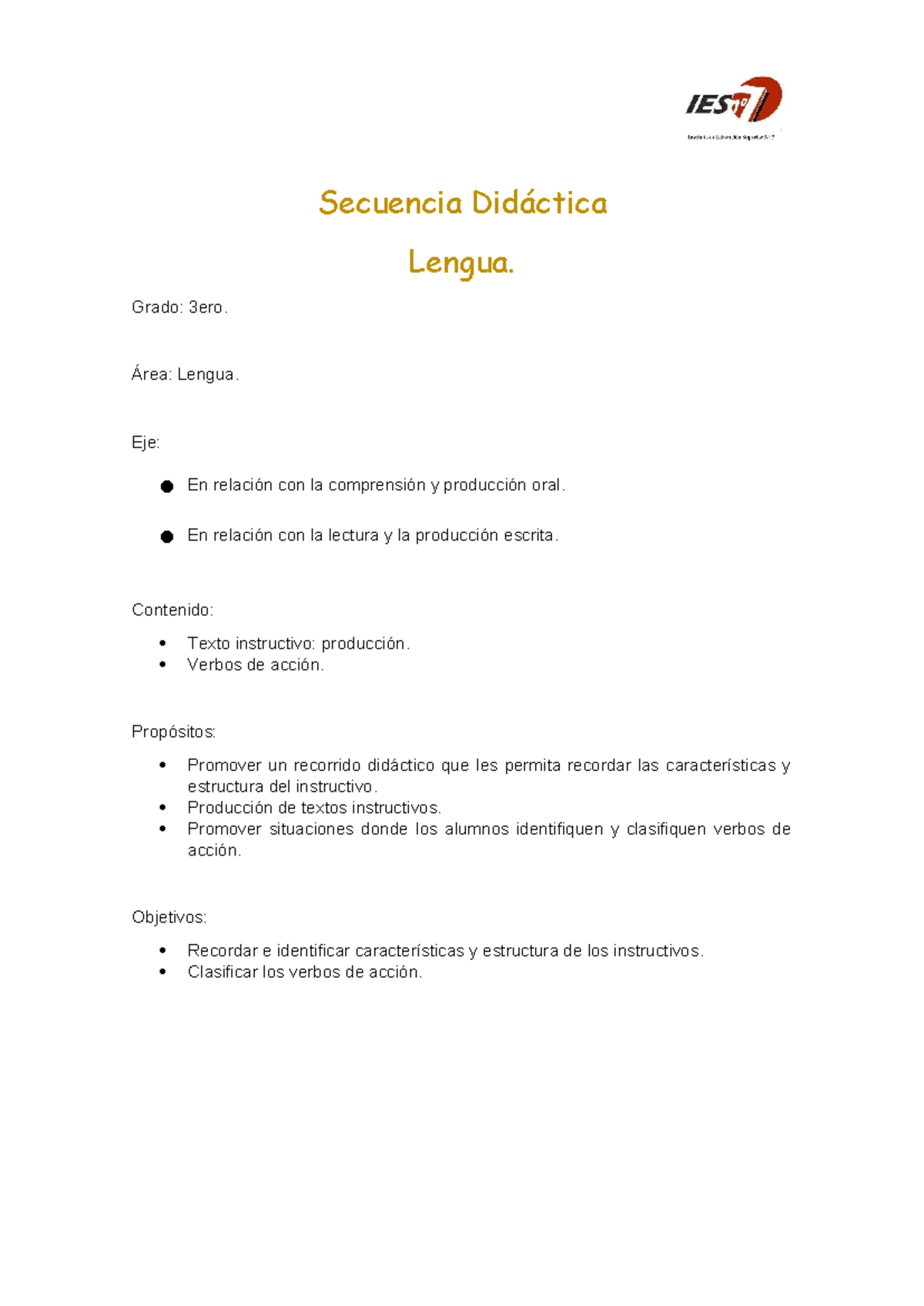 Secuencia Didáctica Lengua - Grado: 3ero. Área: Lengua. Eje: En ...