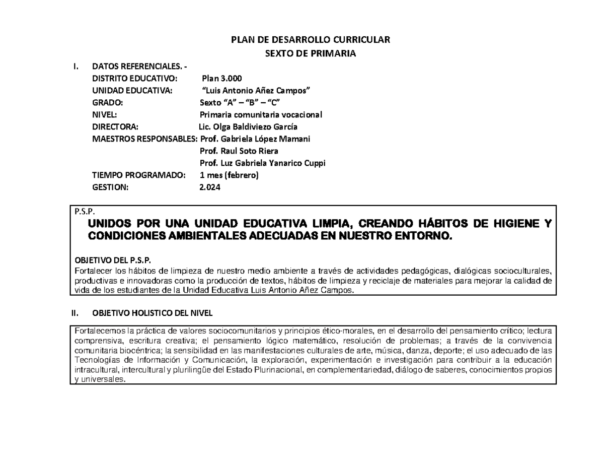 PDC Febrero 6TO - REGISTRO CURRICULAR - PLAN DE DESARROLLO CURRICULAR ...