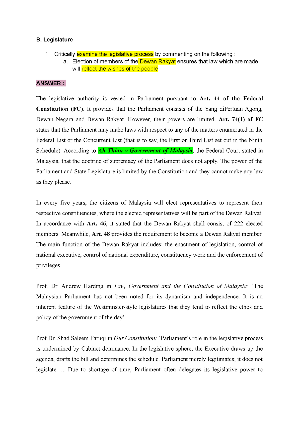 LIA2004 Tutorial WEEK 11 - B. Legislature Critically Examine The ...