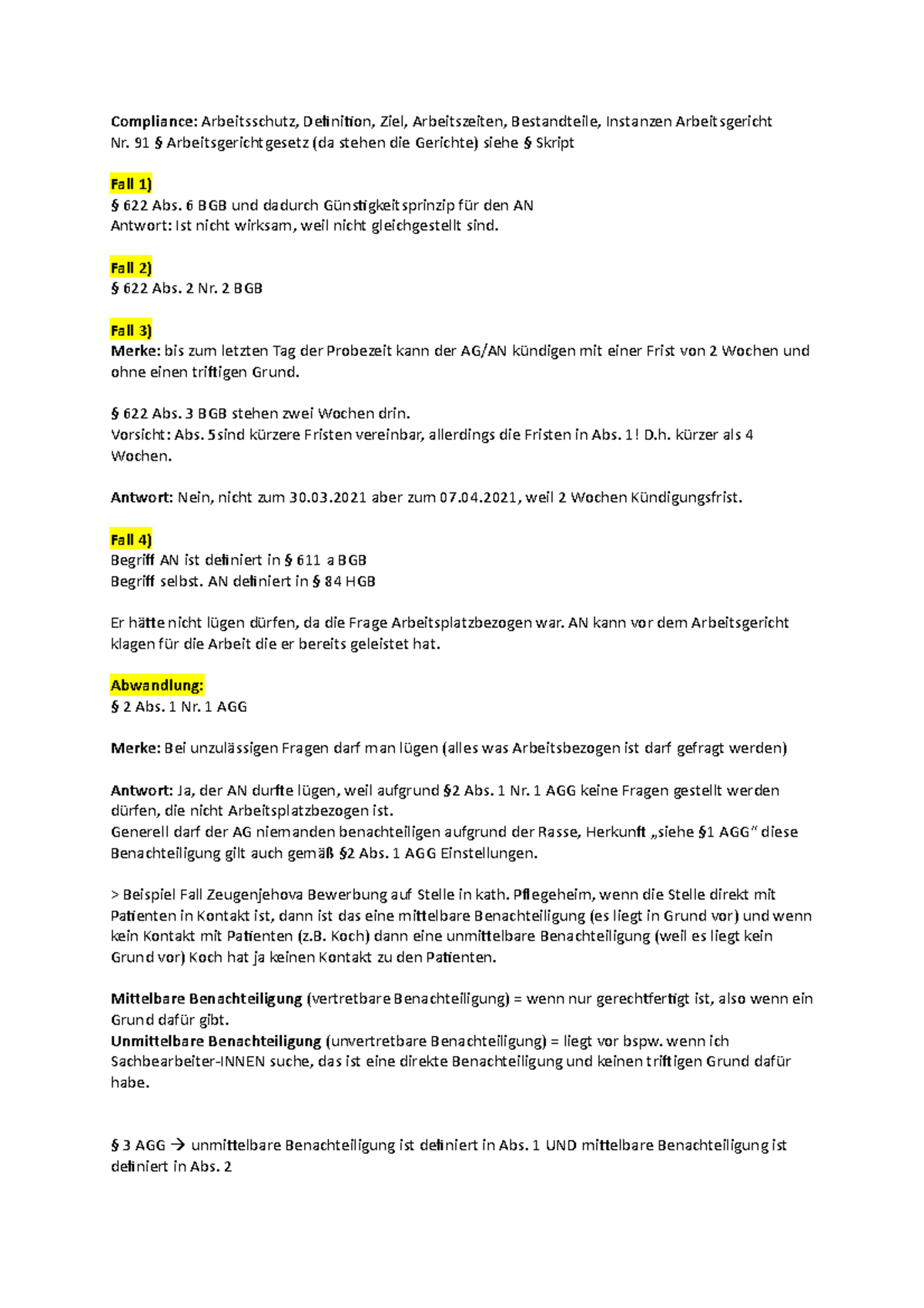 Arbeitsrecht - Fallergebnisse Übung - FOM - 2021 - Compliance