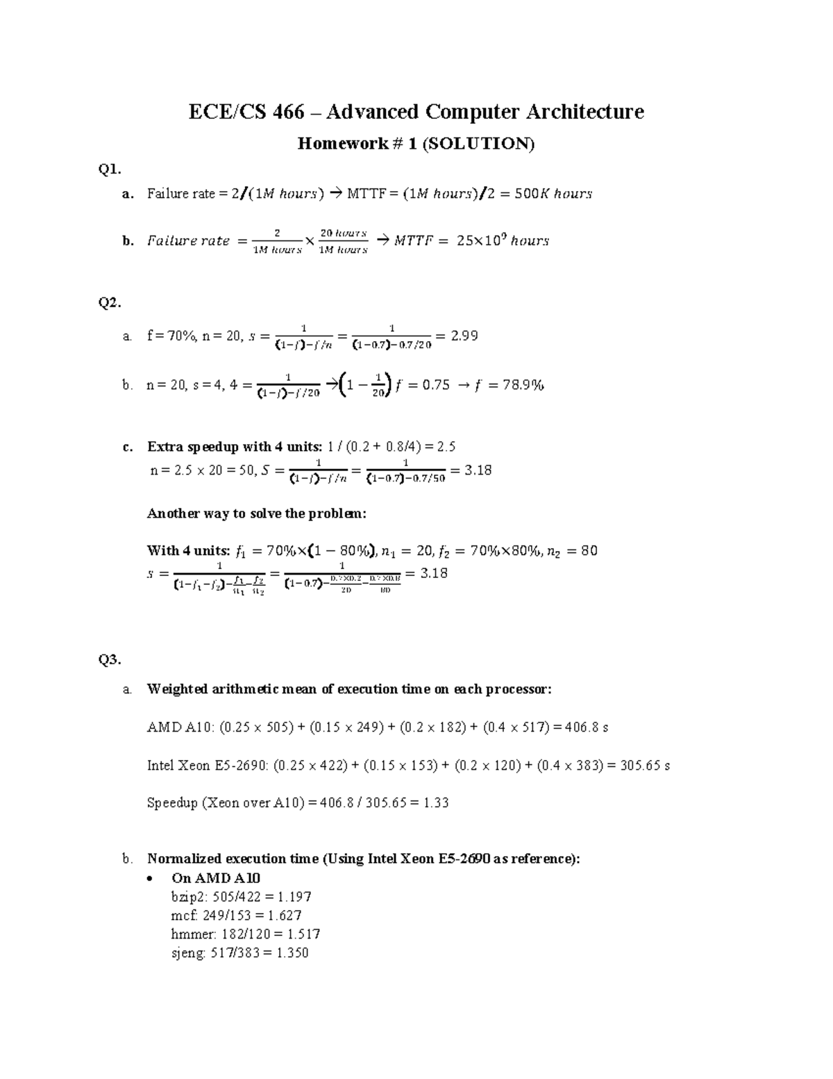 HW1-Sol - Homework 1 Answers - ECE/CS 466 – Advanced Computer ...