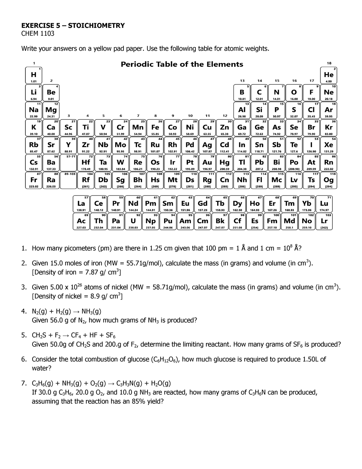 CHEM 1103 Exercises Stoichiometry - EXERCISE 5 – STOICHIOMETRY CHEM ...