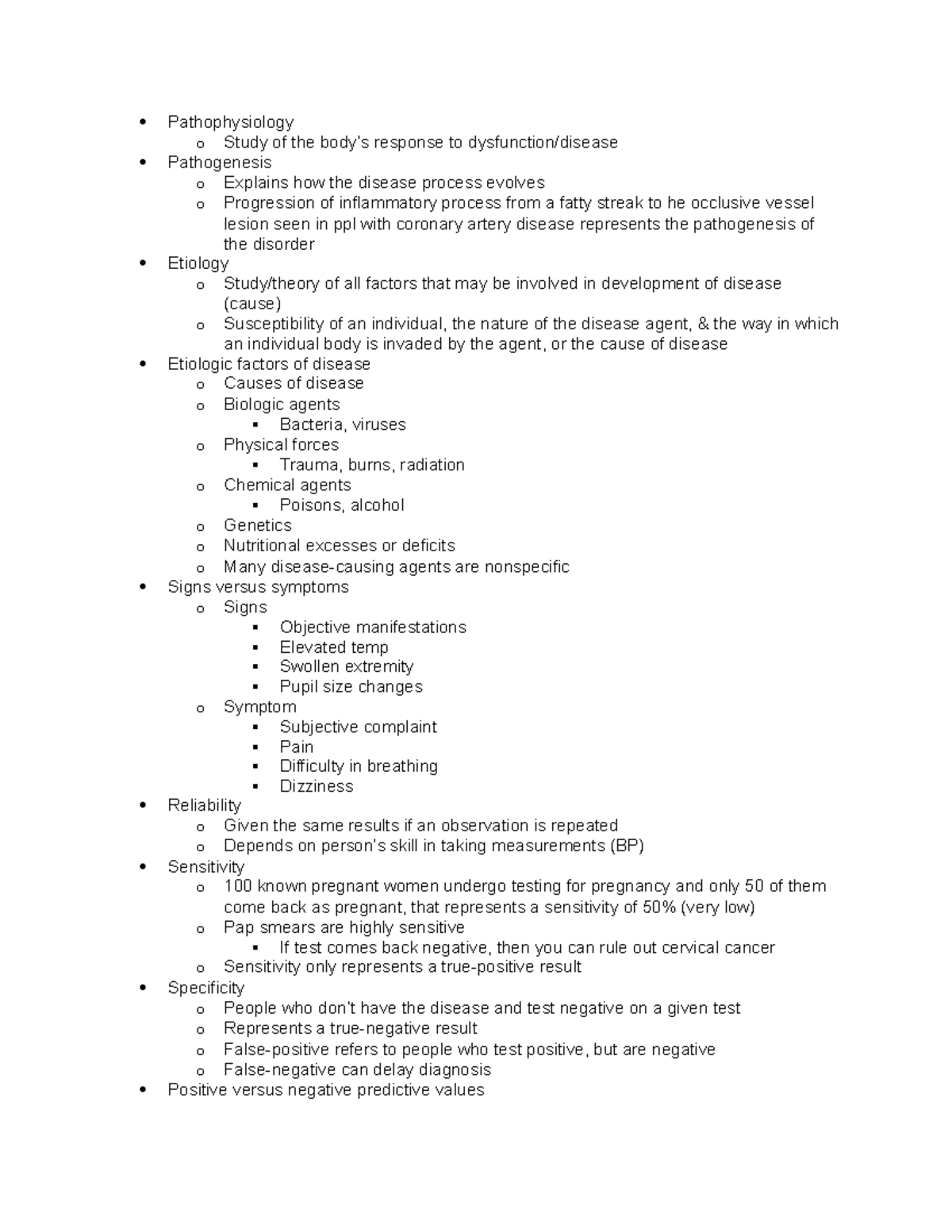 Pathophysiology exam study guide - Pathophysiology o Study of the body ...