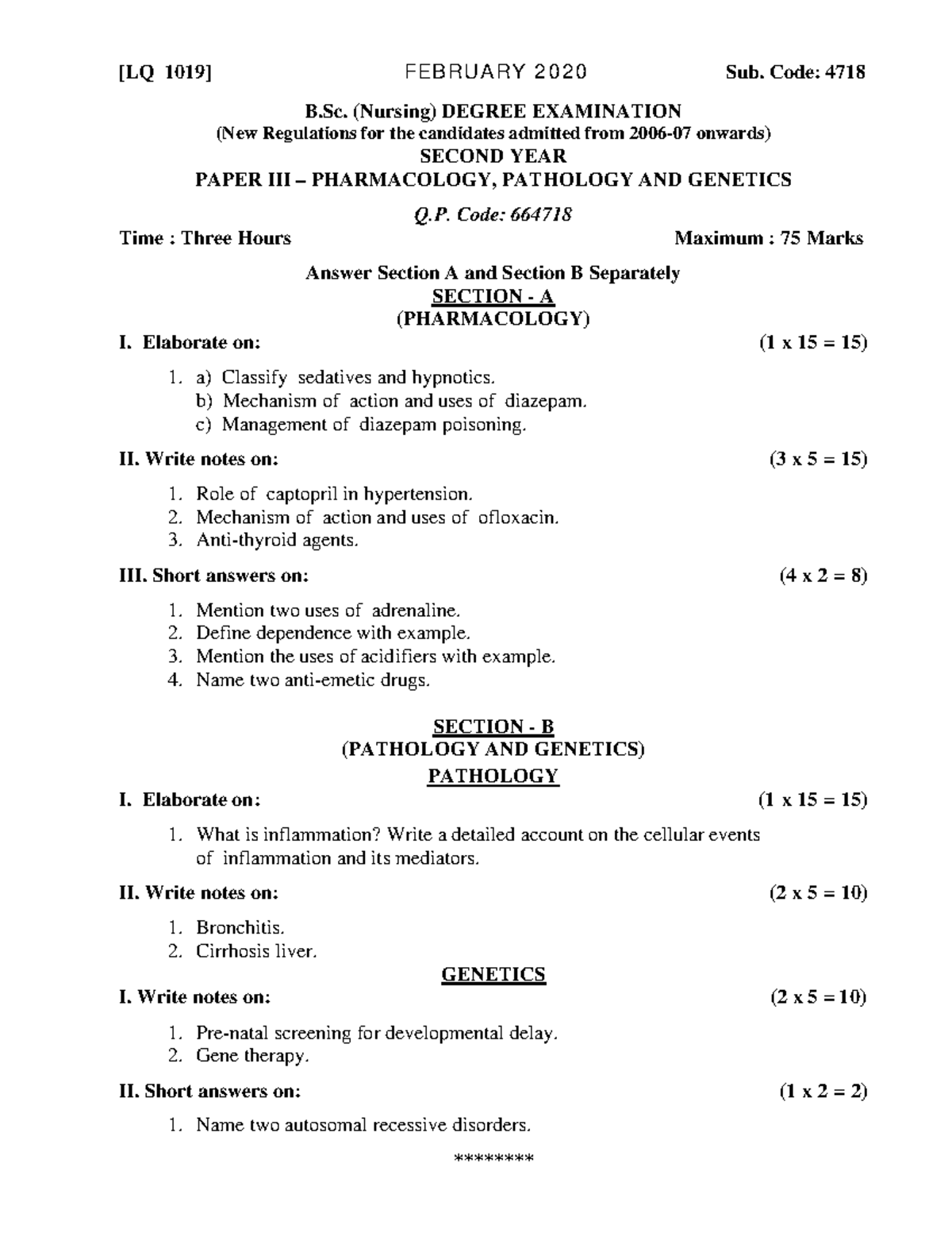 Second Year Pharmacology Pathology And Genetics 2020 Lq 1019 Febru