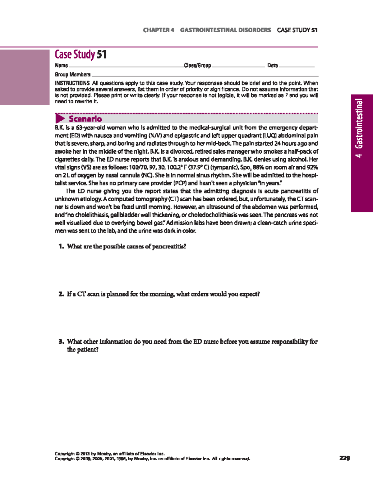 Case study 1 CHAPTER 4 GASTROINTESTINAL DISORDERS CASE STUDY 51 Case