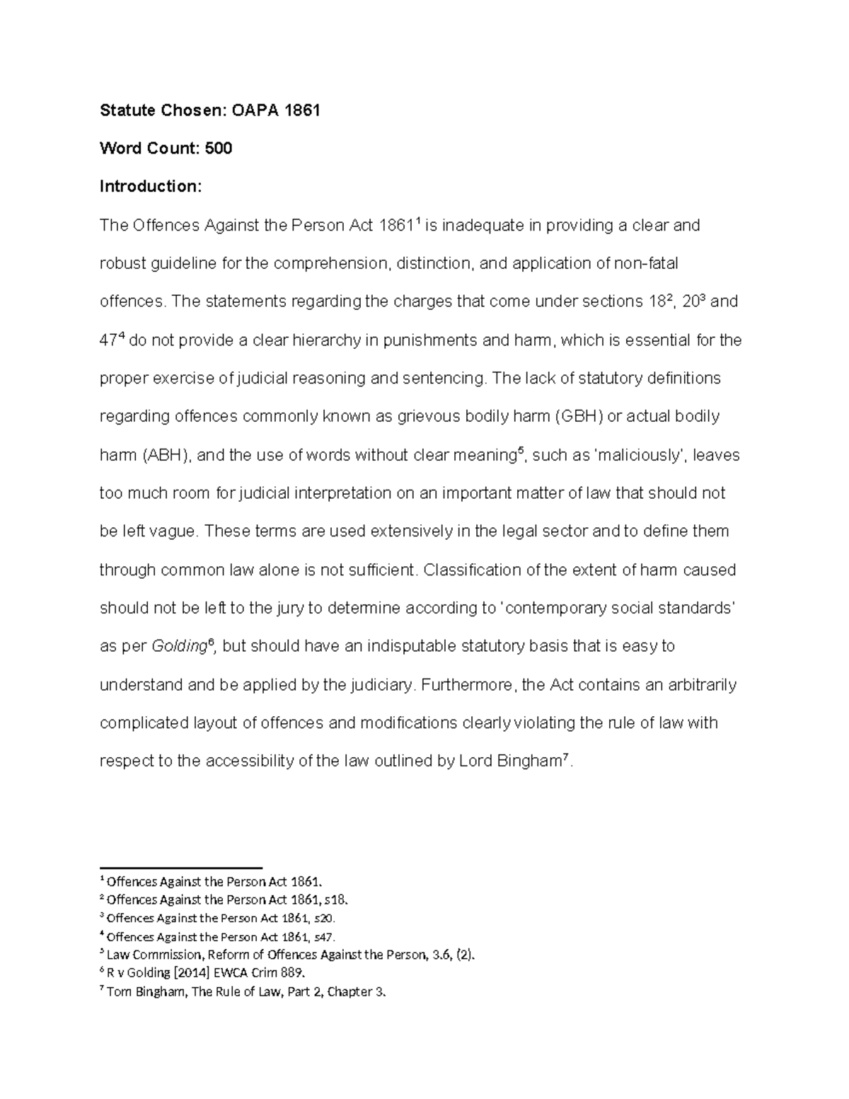 LAW1003 Criminal Formative on OAPA - Statute Chosen: OAPA 1861 Word ...