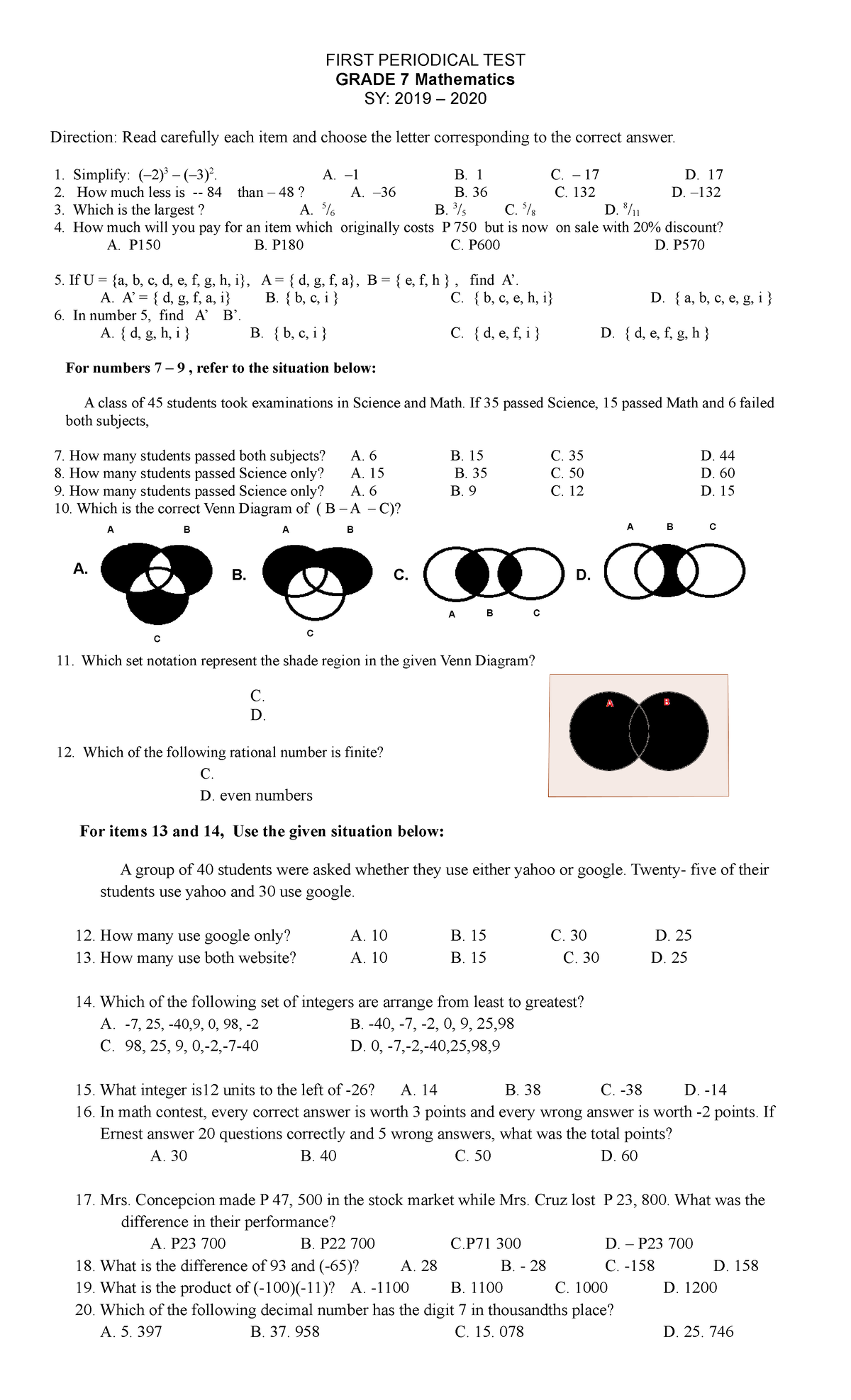 1st Periodic Test Math 7 First Periodical Test Grade 7 Mathematics Sy 2019 2020 Direction 8993