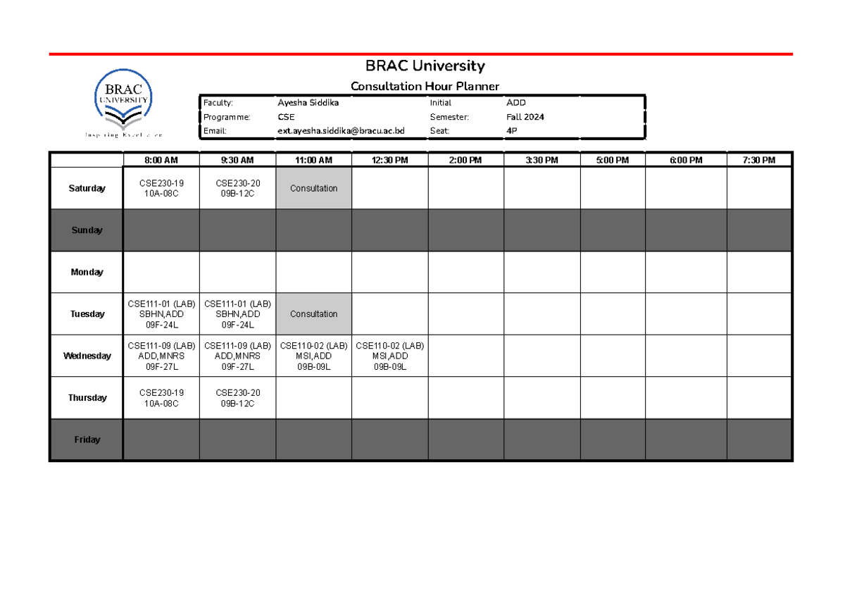 Add routine and consultaion brac university consultation hour planner
