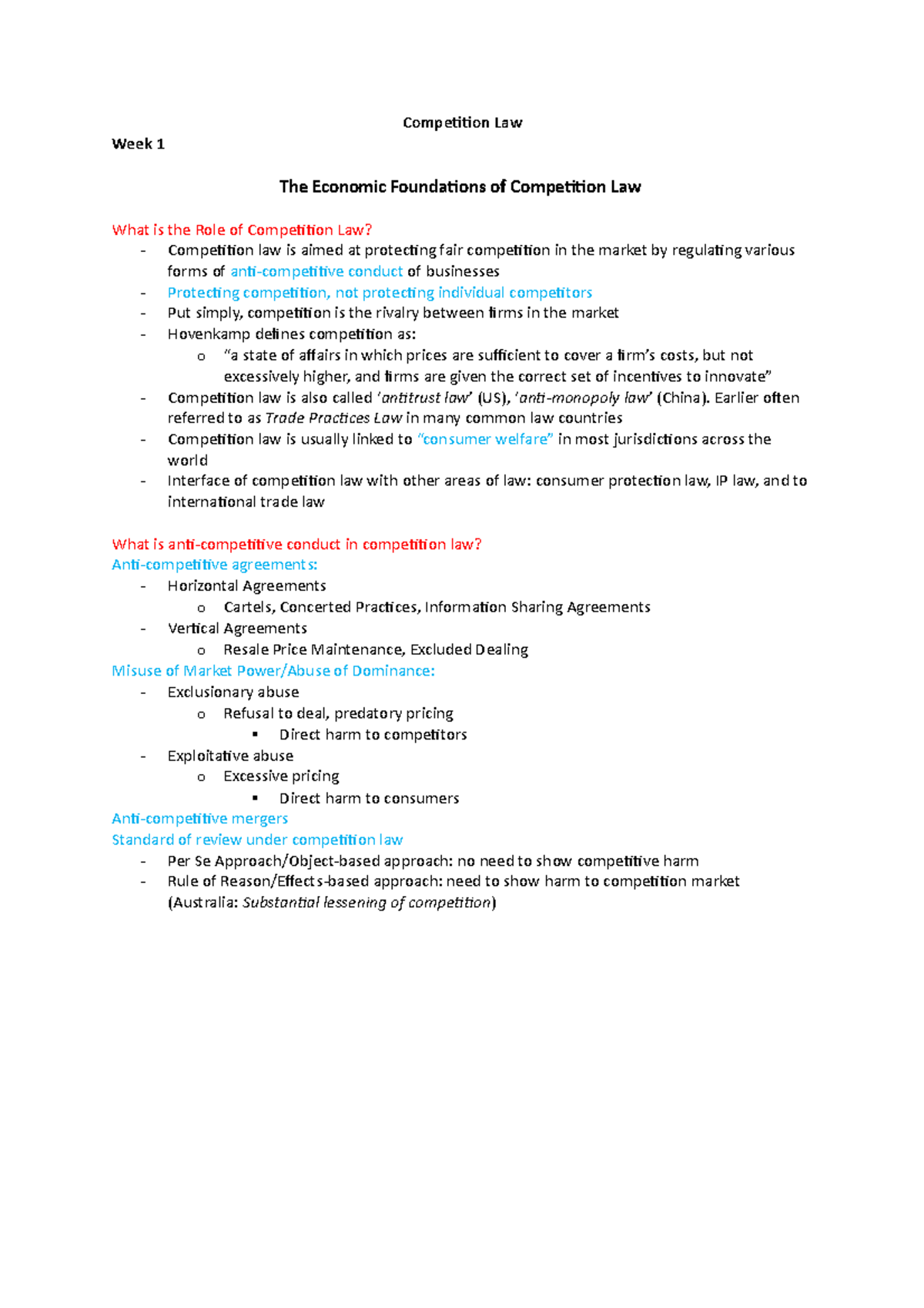 Competition Law Notes - Competition Law Week 1 The Economic Foundations ...