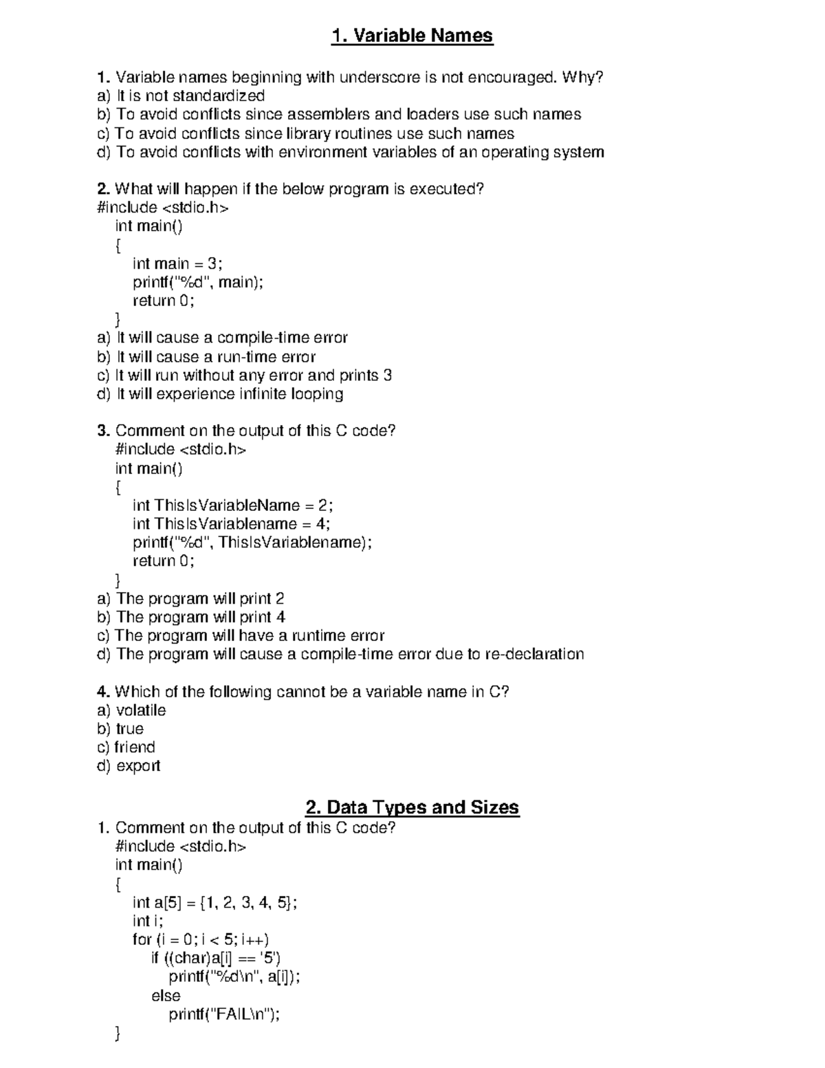 1. Basics OF C - Lecture notes 1 - 1. Variable Names Variable names ...