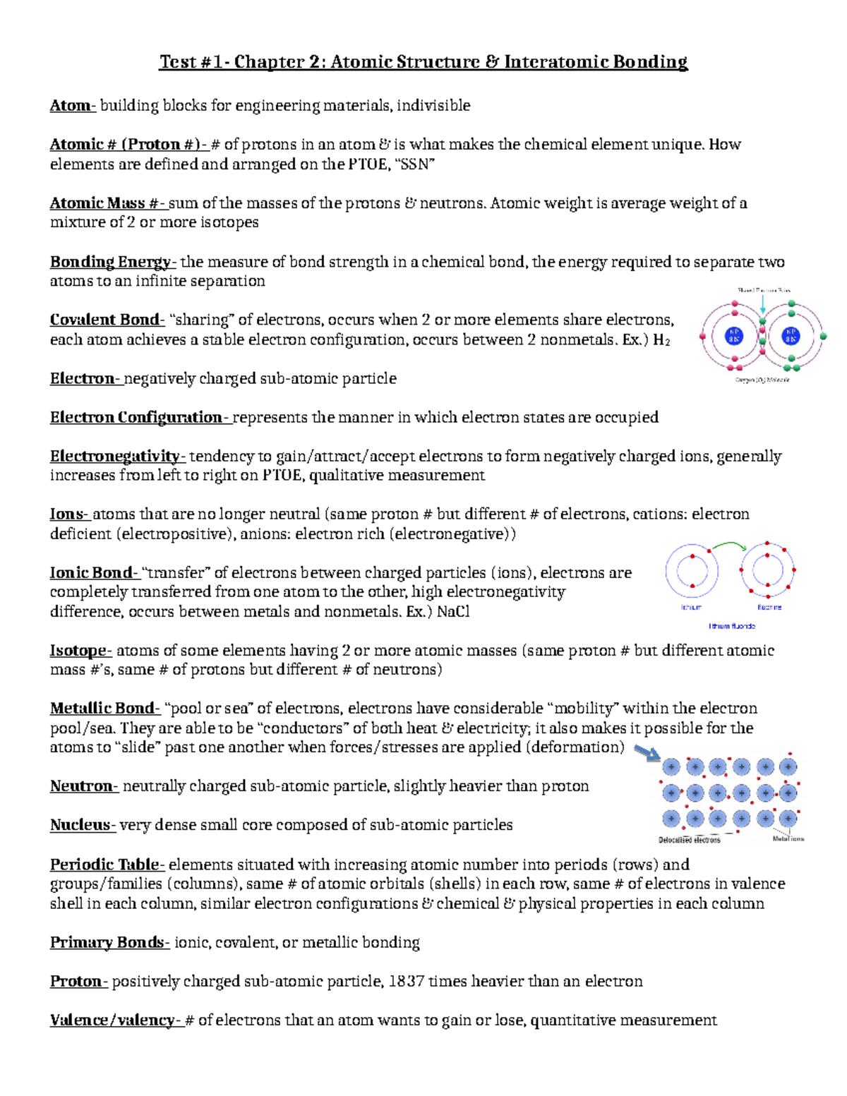 Materials Test 1 Study Guide - Test #1- Chapter 2: Atomic Structure ...