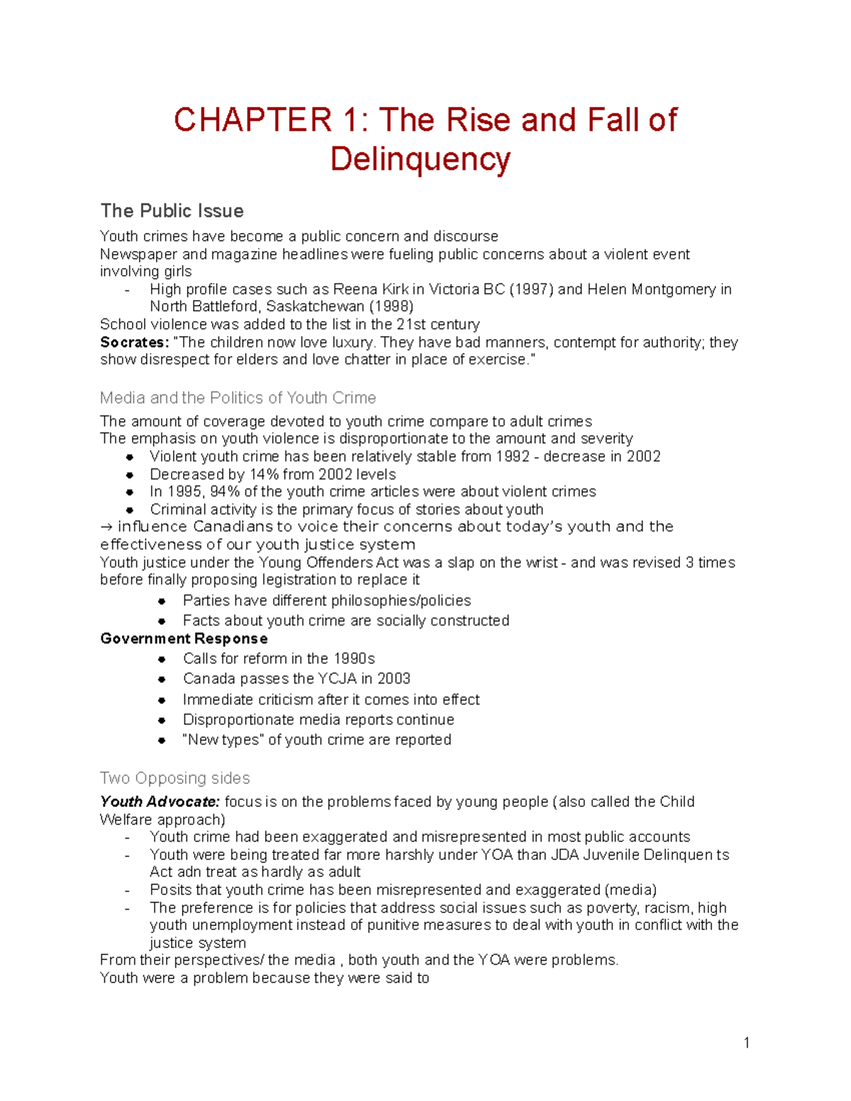 CC 200 Notes - CHAPTER 1: The Rise and Fall of Delinquency The Public ...