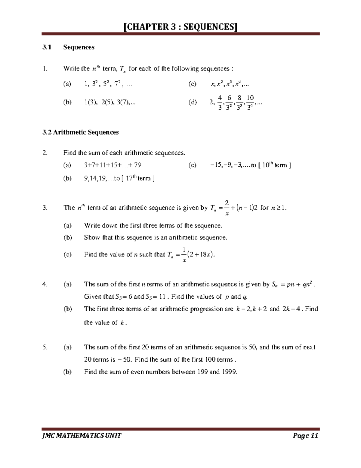 AM015 2021/2022 Chapter 3 - 3 Sequences Write the nth term, Tn for each ...