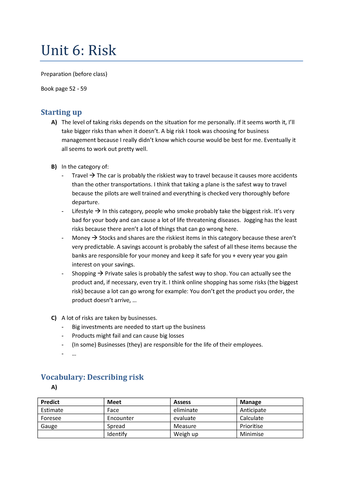 311891011 Unit 6 Preparation - Unit 6: Risk Preparation (before Class ...