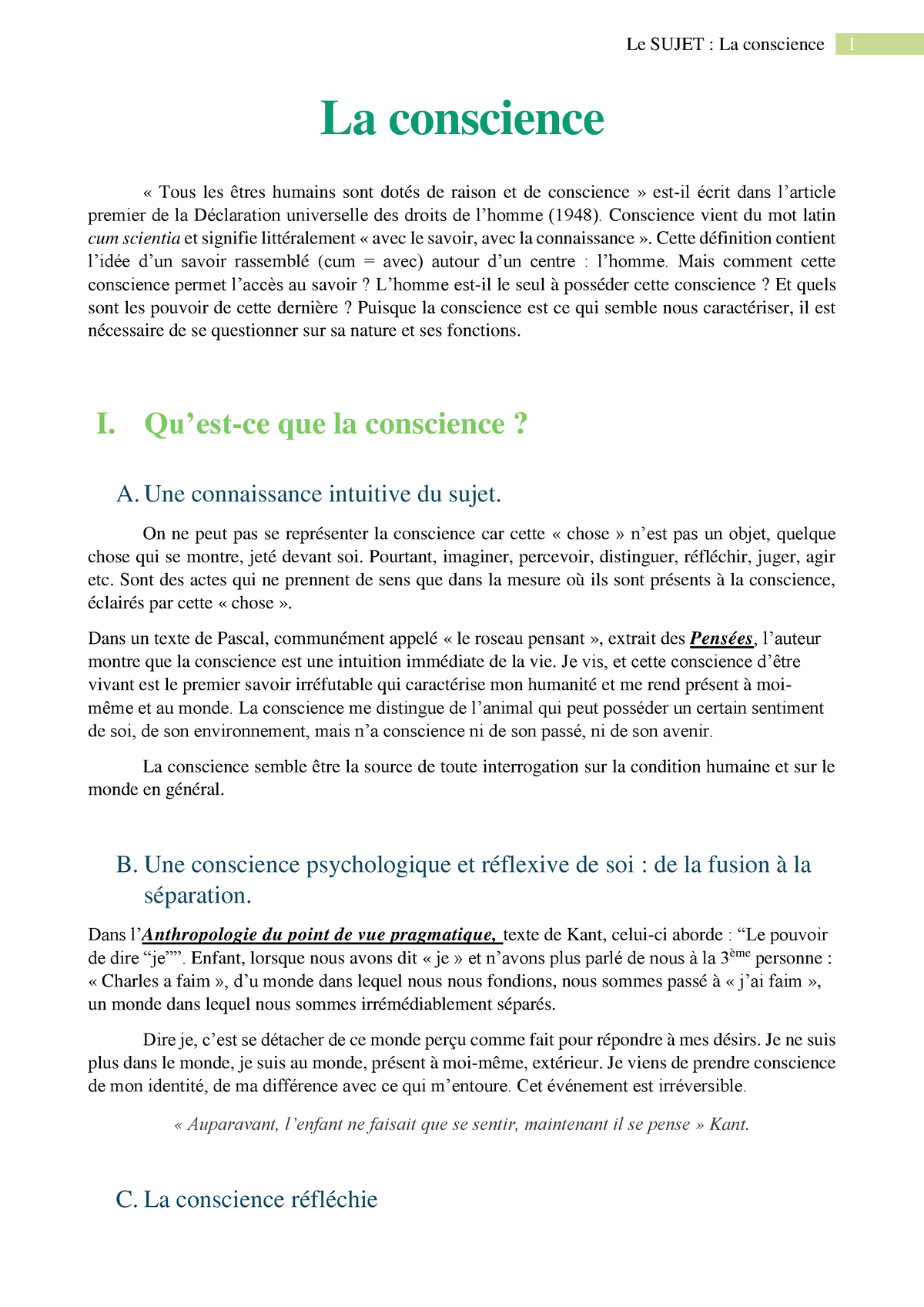 Conscience Cours La Conscience Tous Les êtres Humains Sont Dotés De Raison Et De 