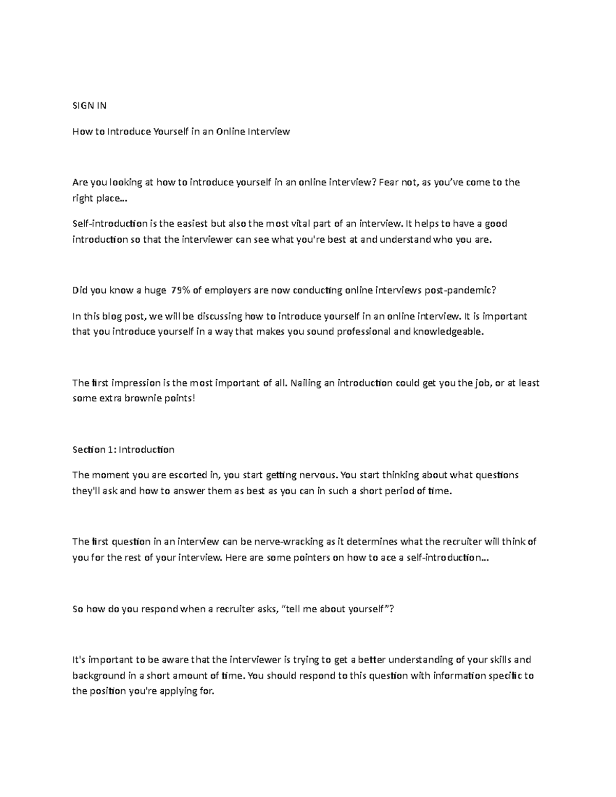 Interviews SIGN IN How To Introduce Yourself In An Online Interview